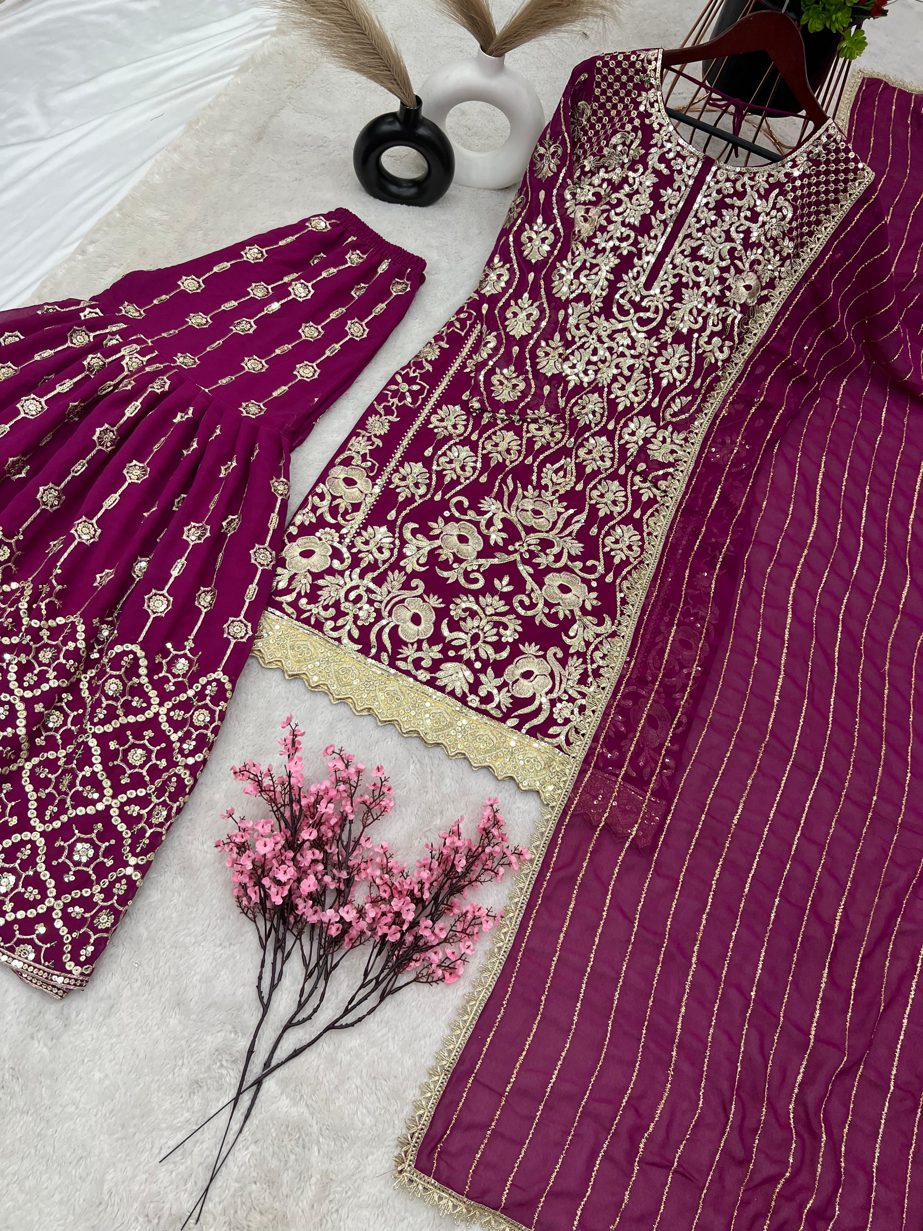 Attractive Embroidery Sequence Wine Color Sharara Suit