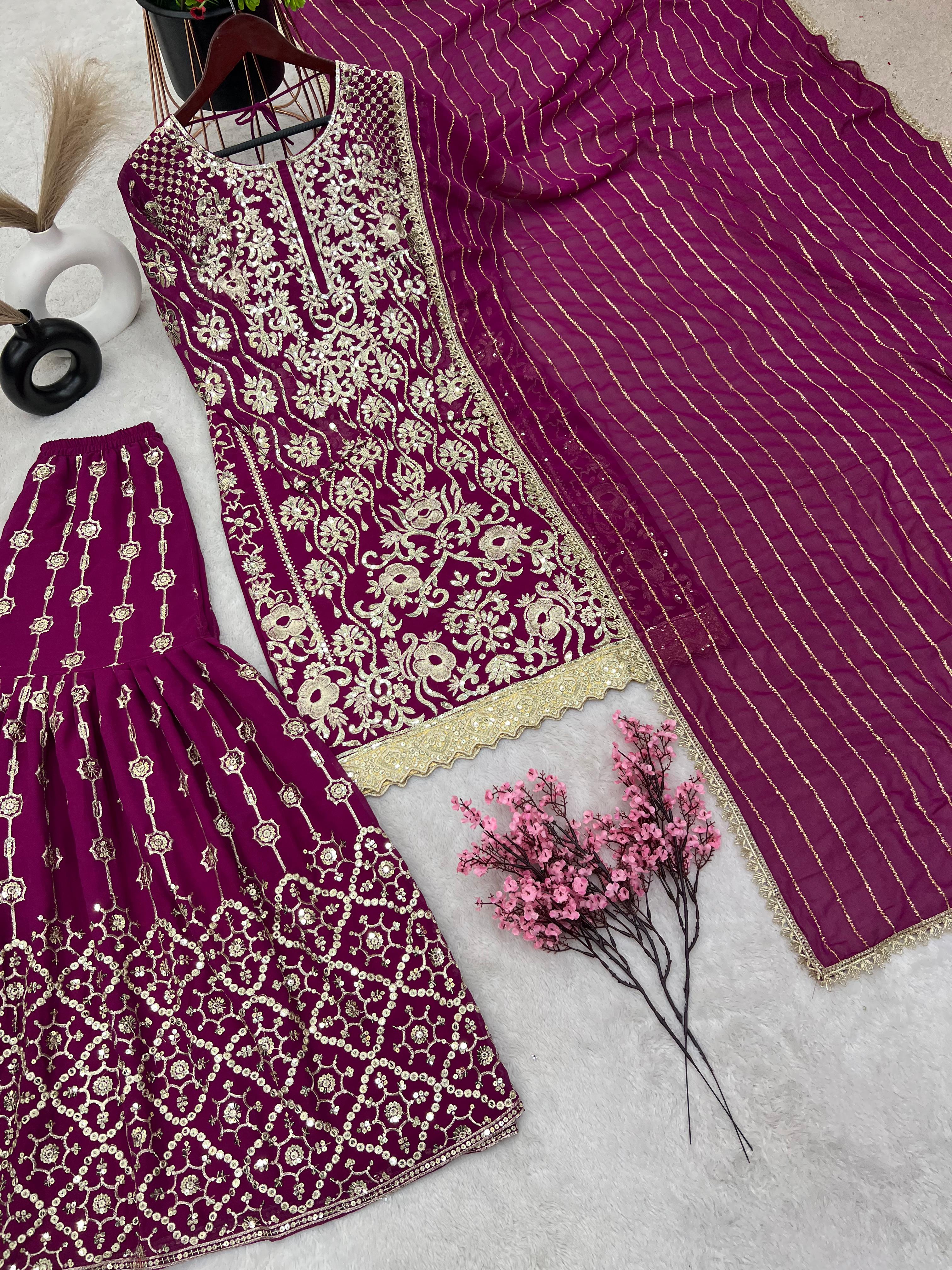 Attractive Embroidery Sequence Wine Color Sharara Suit