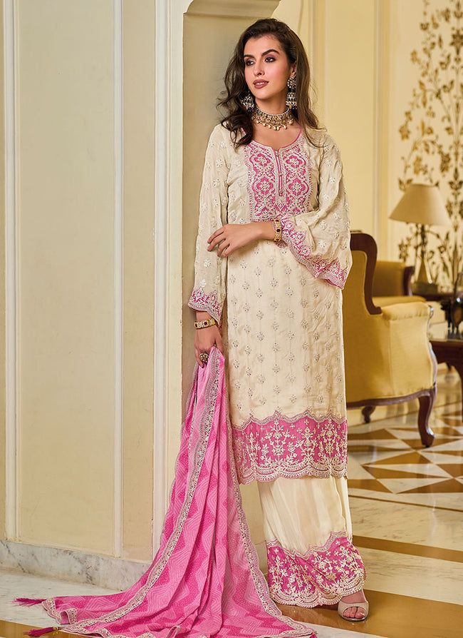 Trendy White And Pink Color Work Palazzo Suit