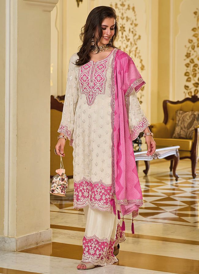 Trendy White And Pink Color Work Palazzo Suit