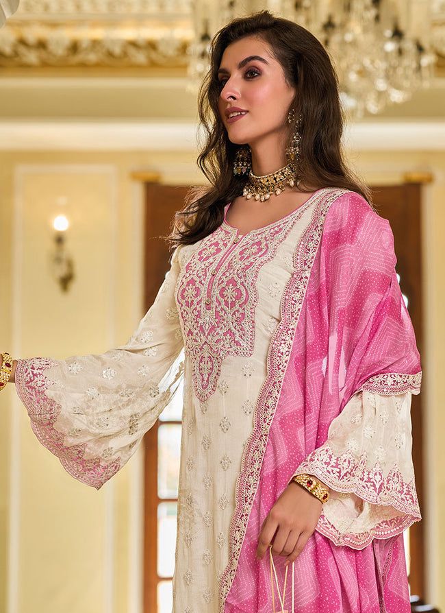 Trendy White And Pink Color Work Palazzo Suit