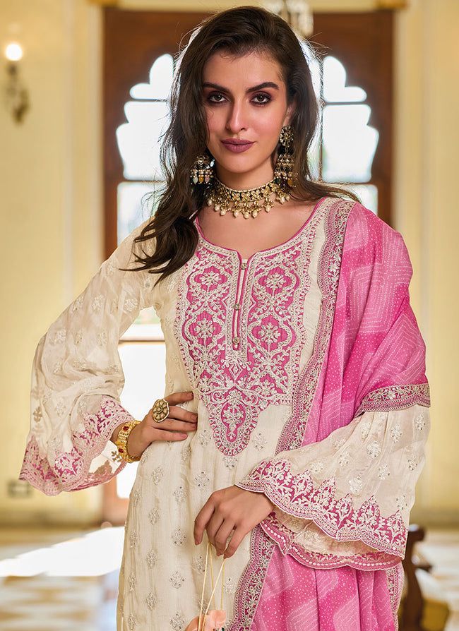 Trendy White And Pink Color Work Palazzo Suit