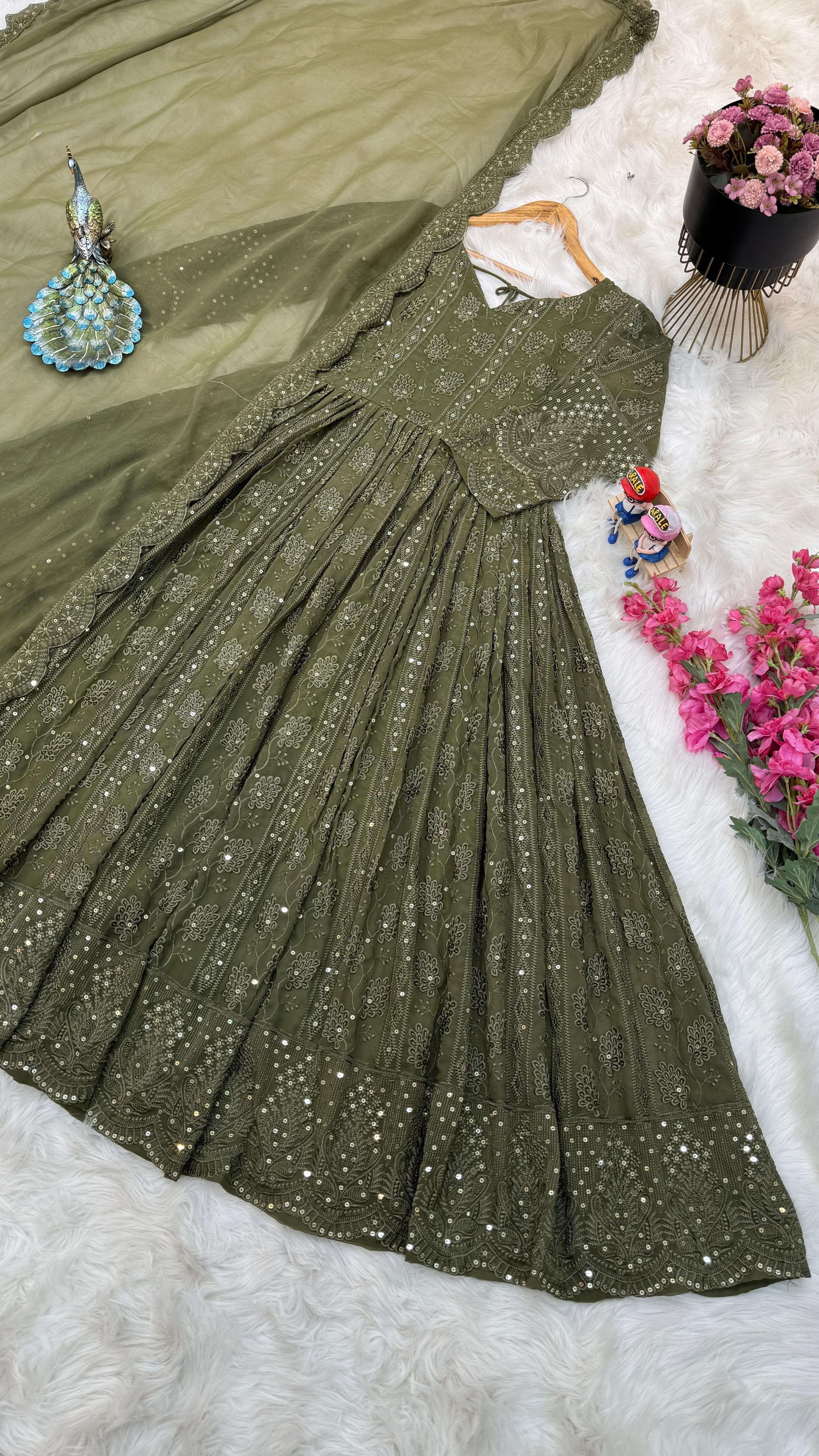 Pretty Sequence Embroidery Work Green Color Gown