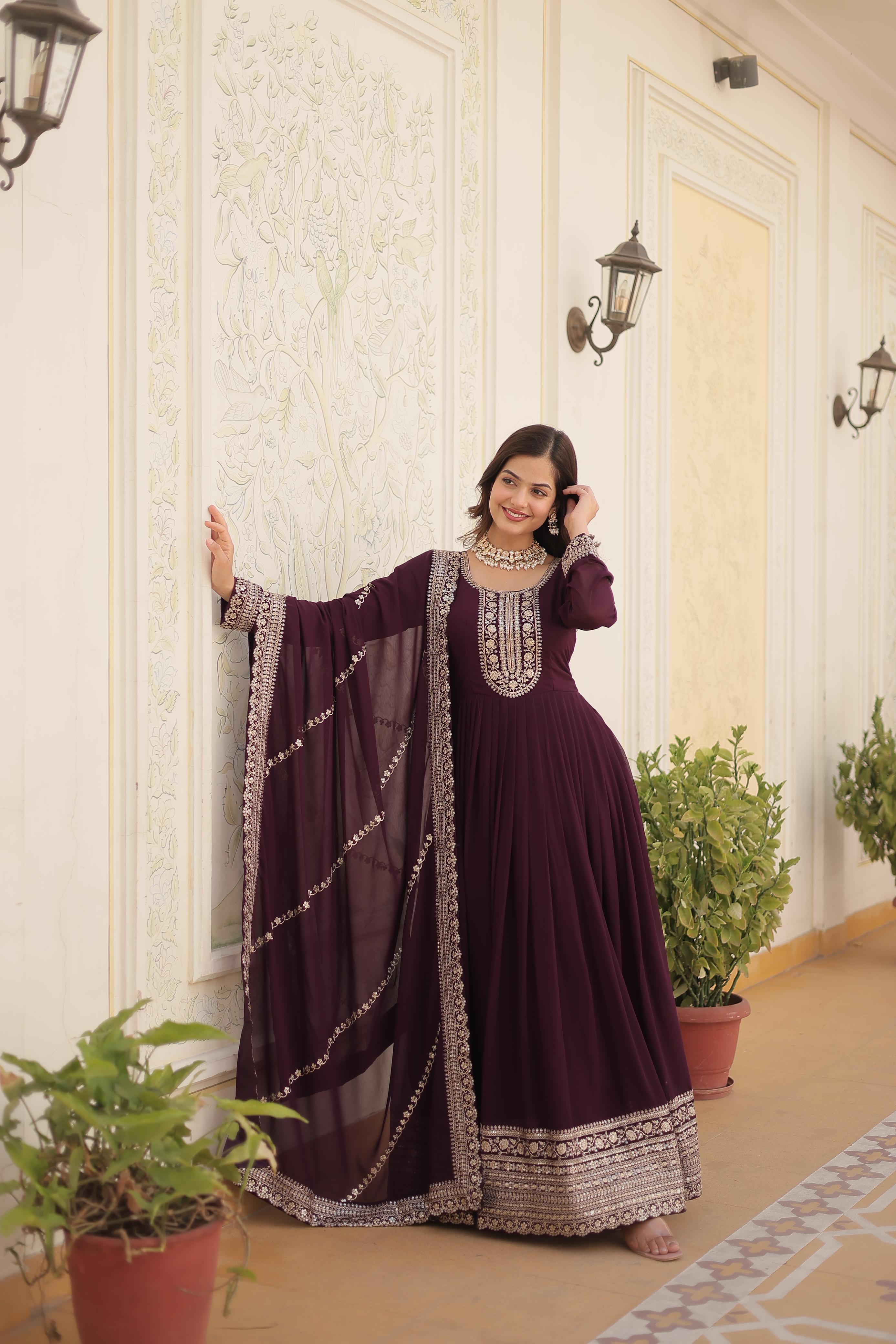 Fantastic Wine Color Embroidered Work Gown