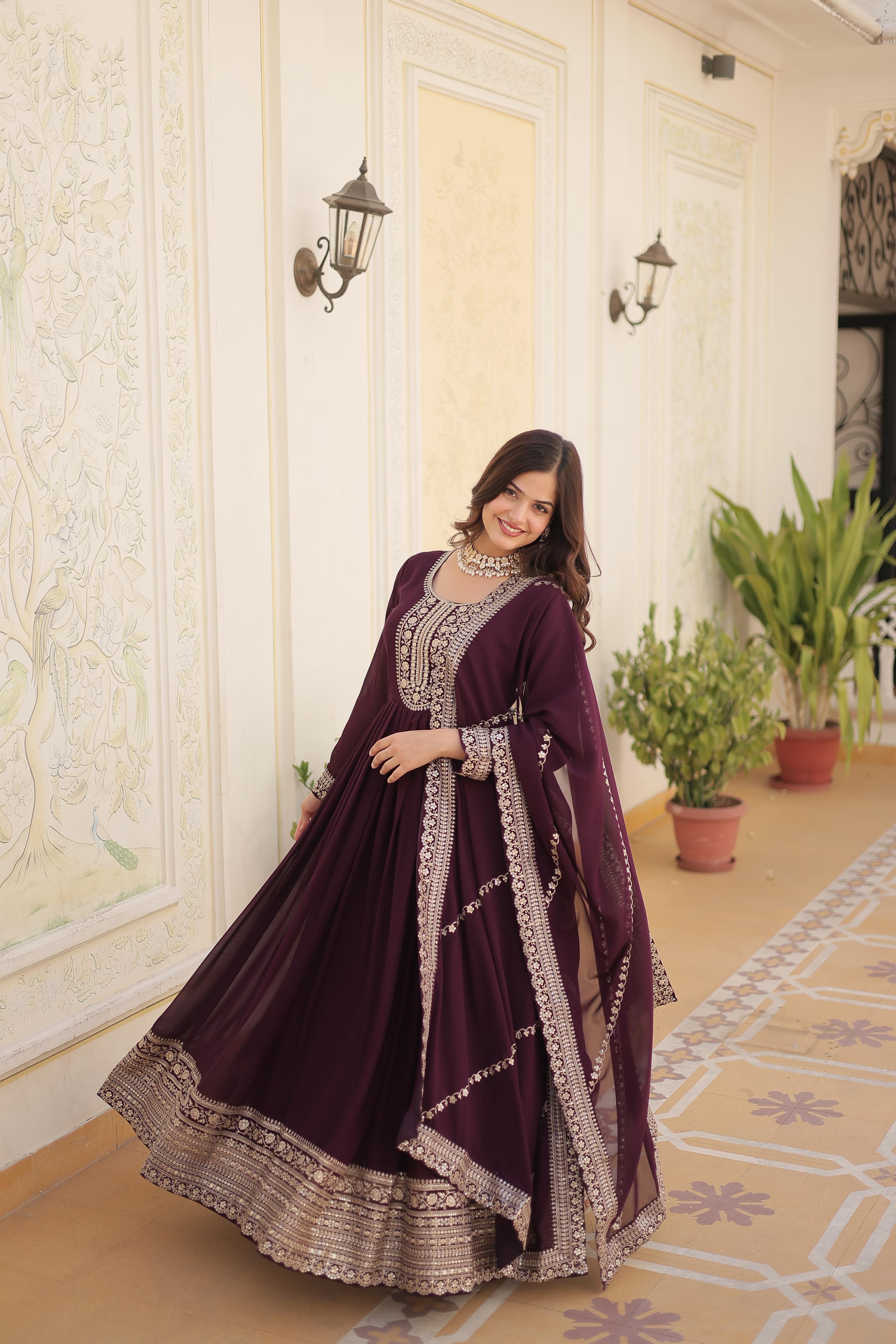 Fantastic Wine Color Embroidered Work Gown