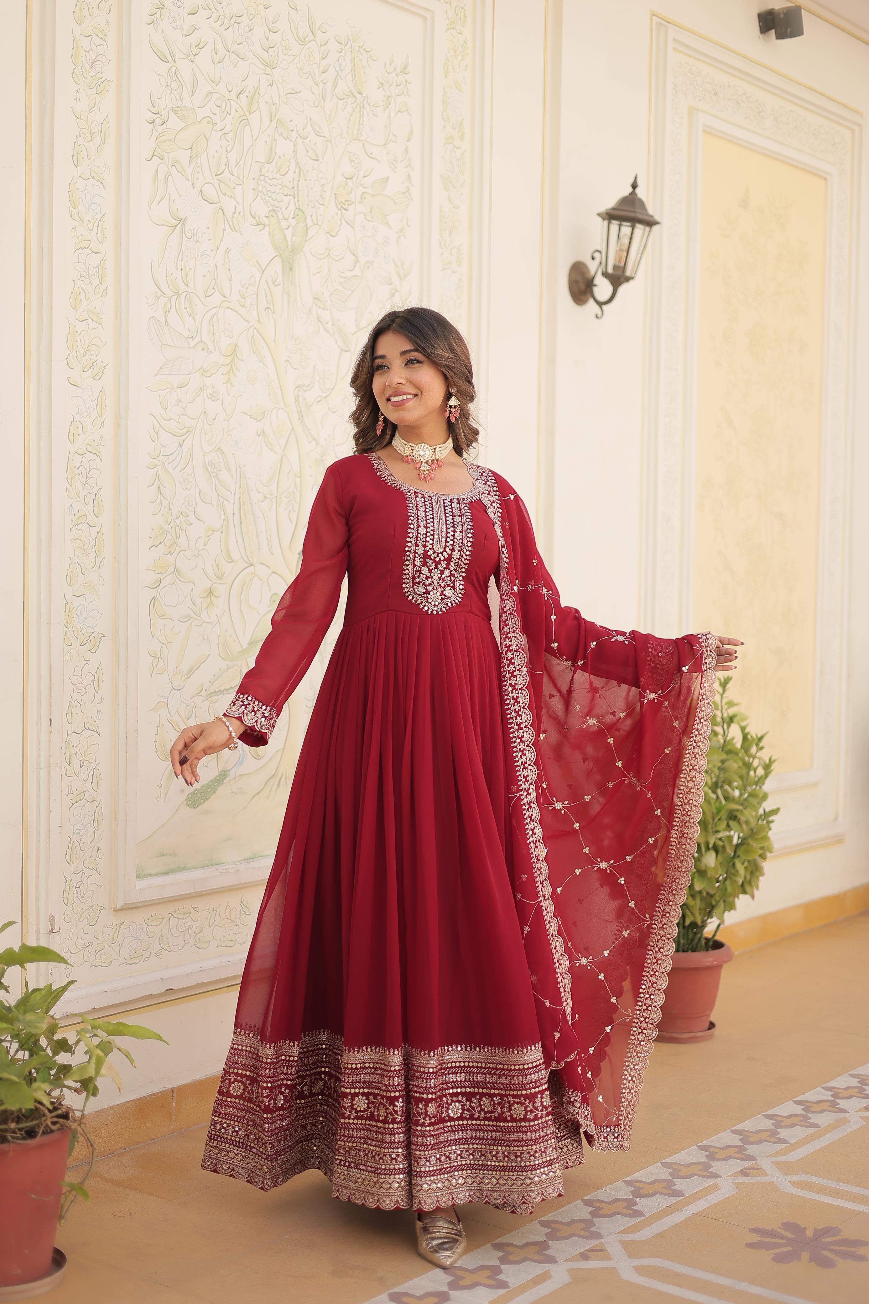 Fantastic Maroon Color Embroidered Work Gown