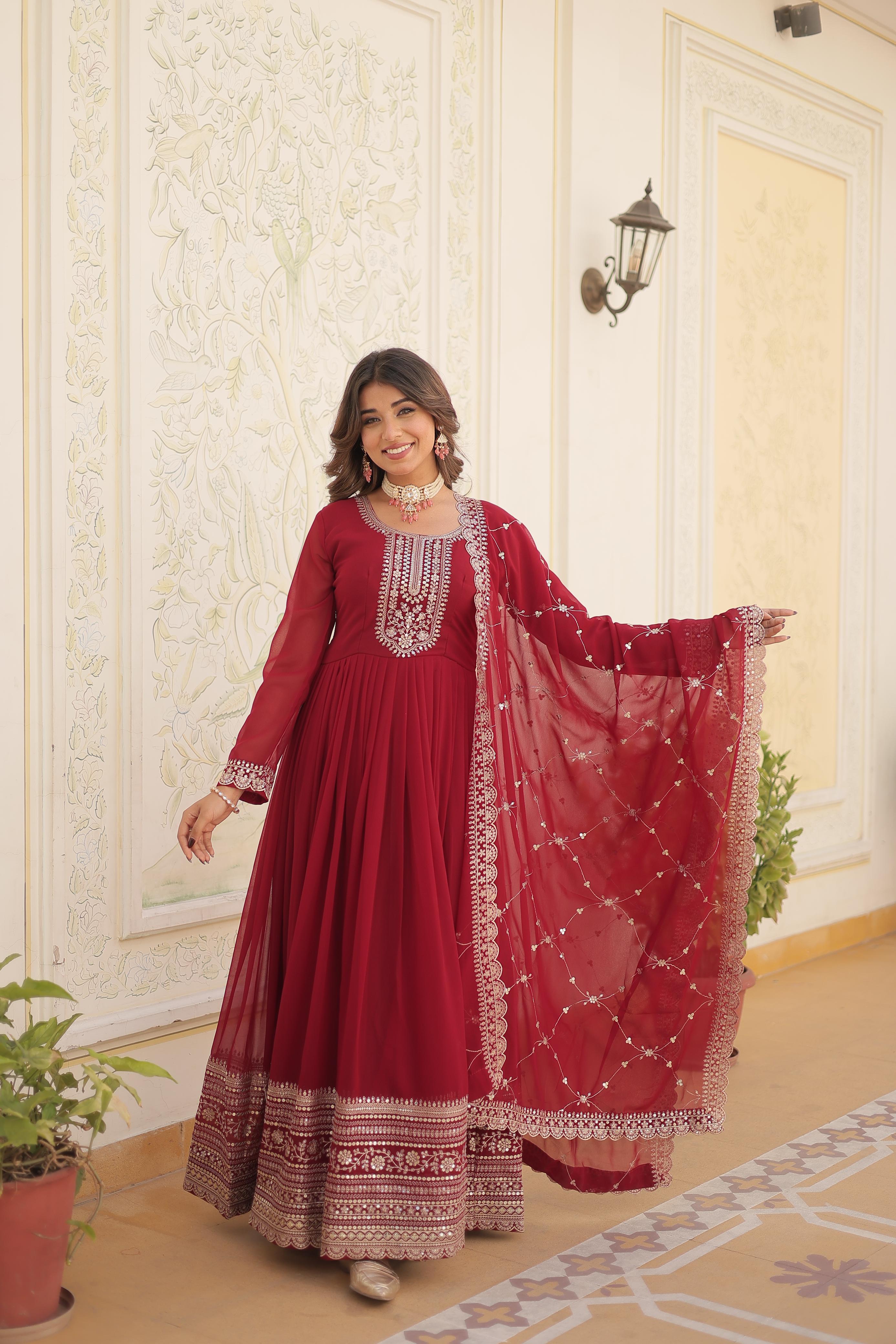 Fantastic Maroon Color Embroidered Work Gown