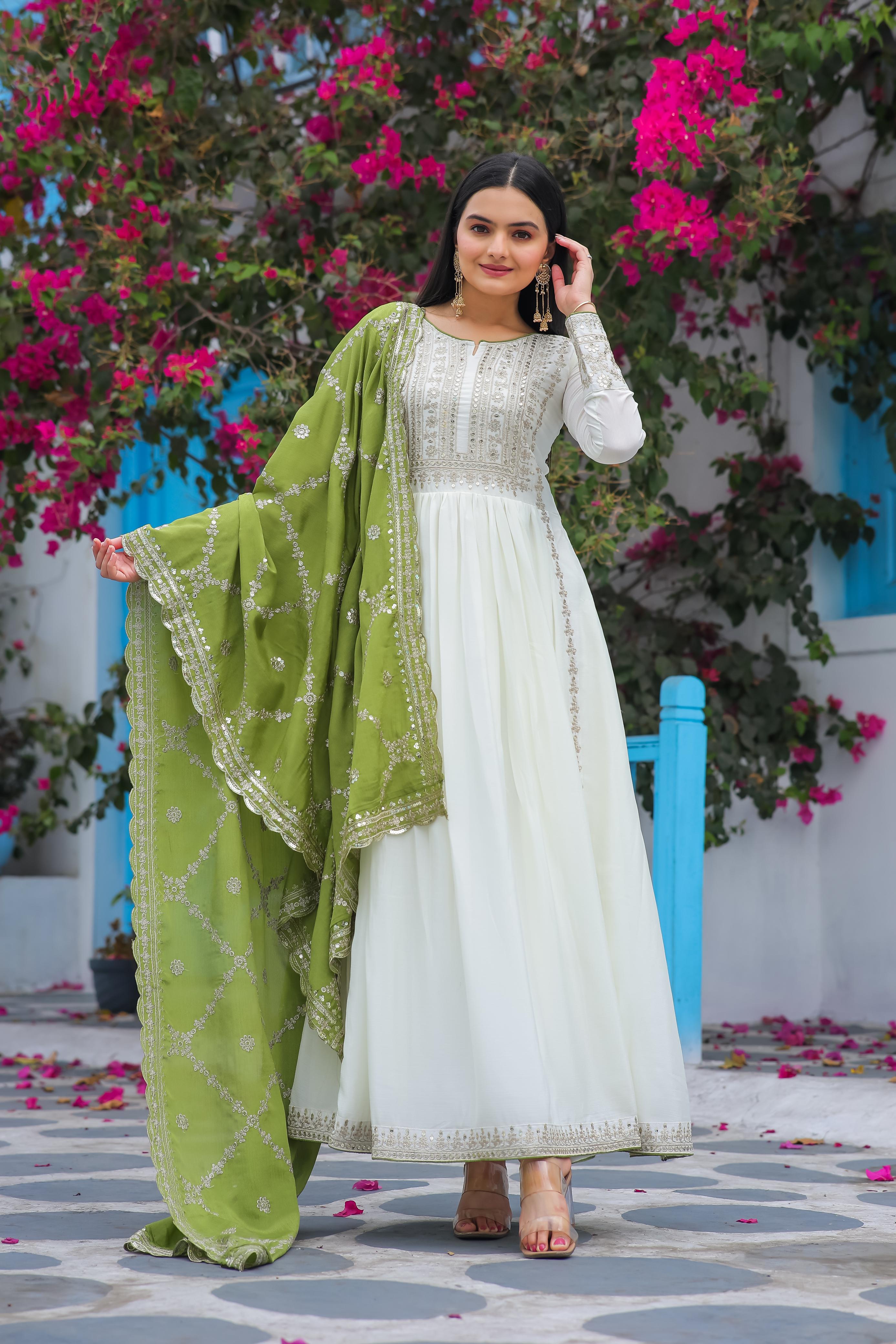 Outstanding Sequence Work White Color Gown With Green Dupatta