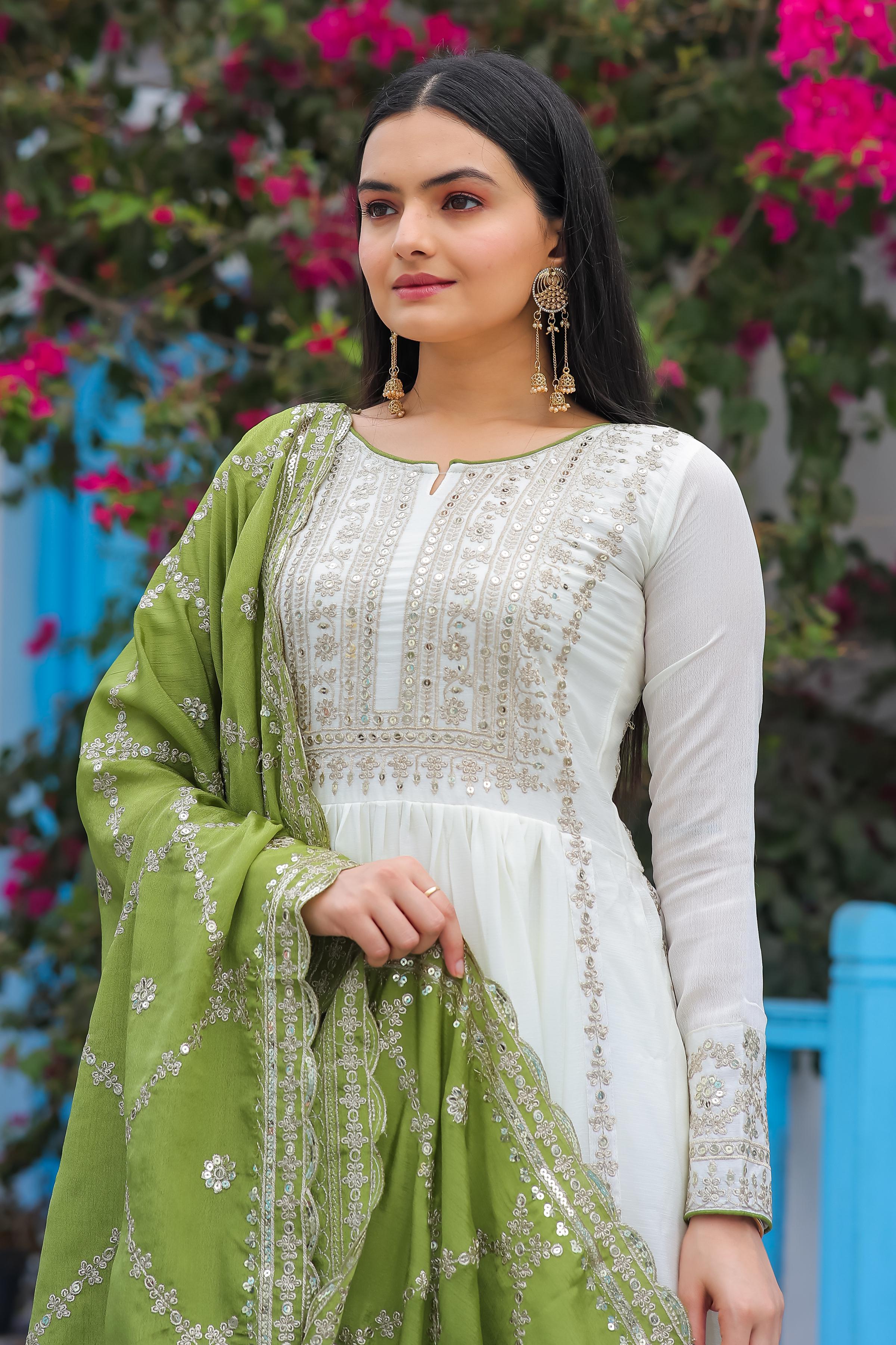 Outstanding Sequence Work White Color Gown With Green Dupatta