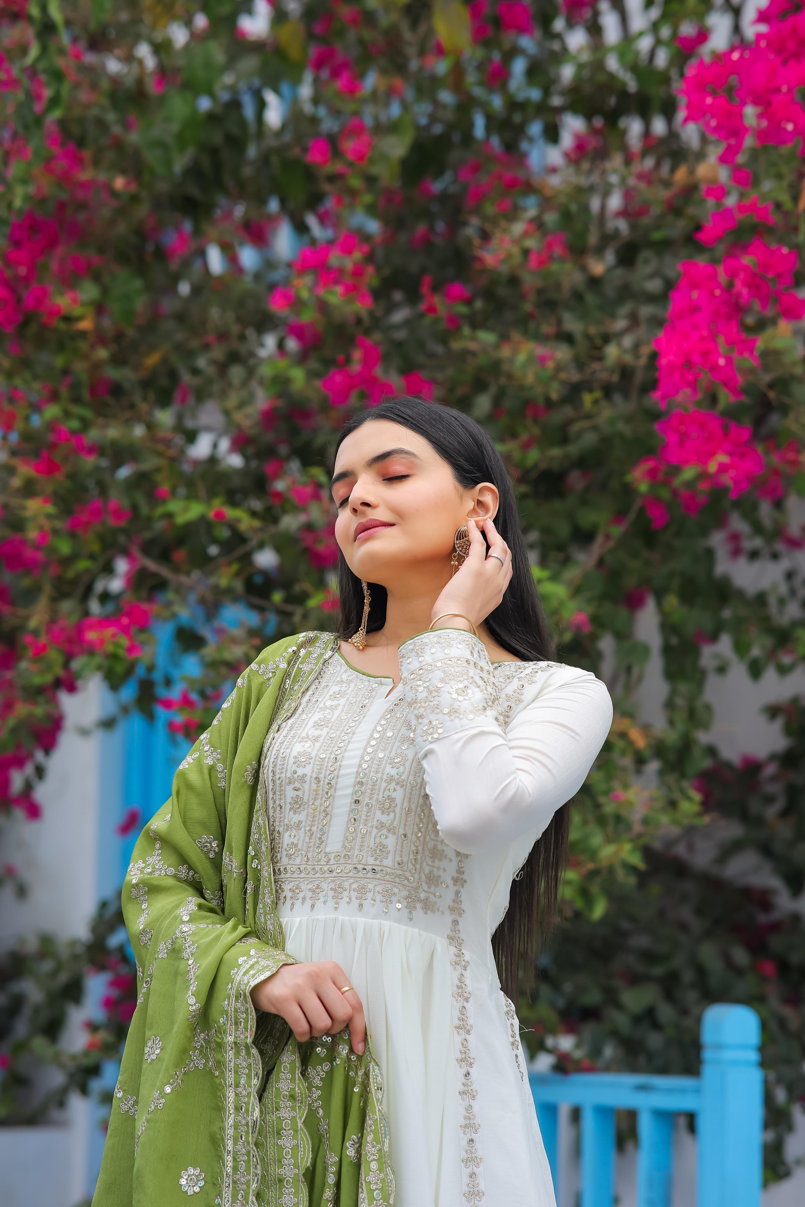 Outstanding Sequence Work White Color Gown With Green Dupatta