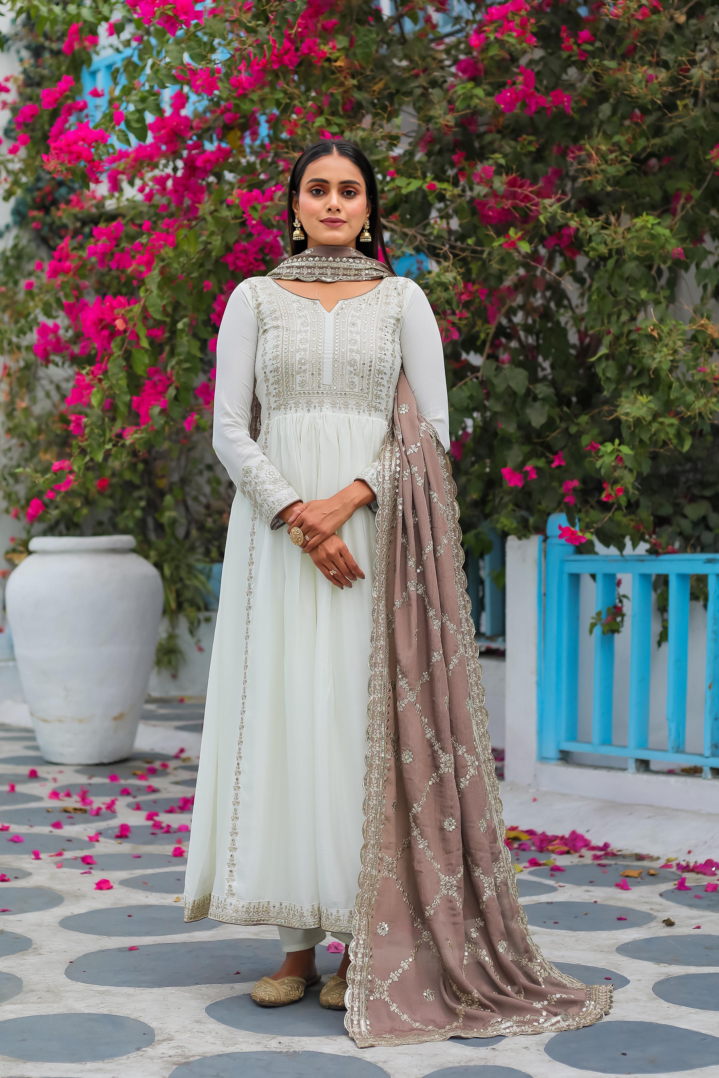 Outstanding Sequence Work White Color Gown With Brown Dupatta