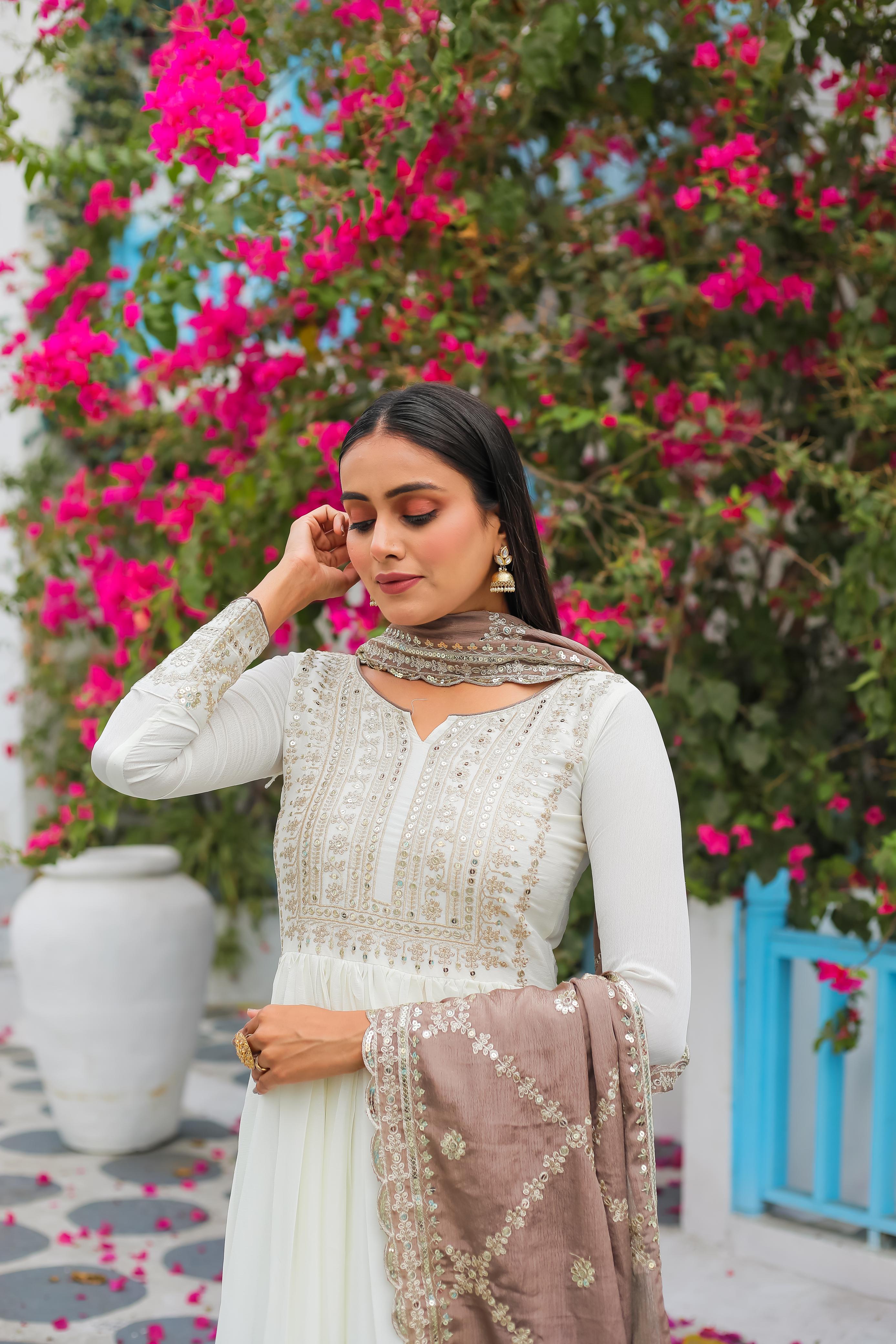 Outstanding Sequence Work White Color Gown With Brown Dupatta