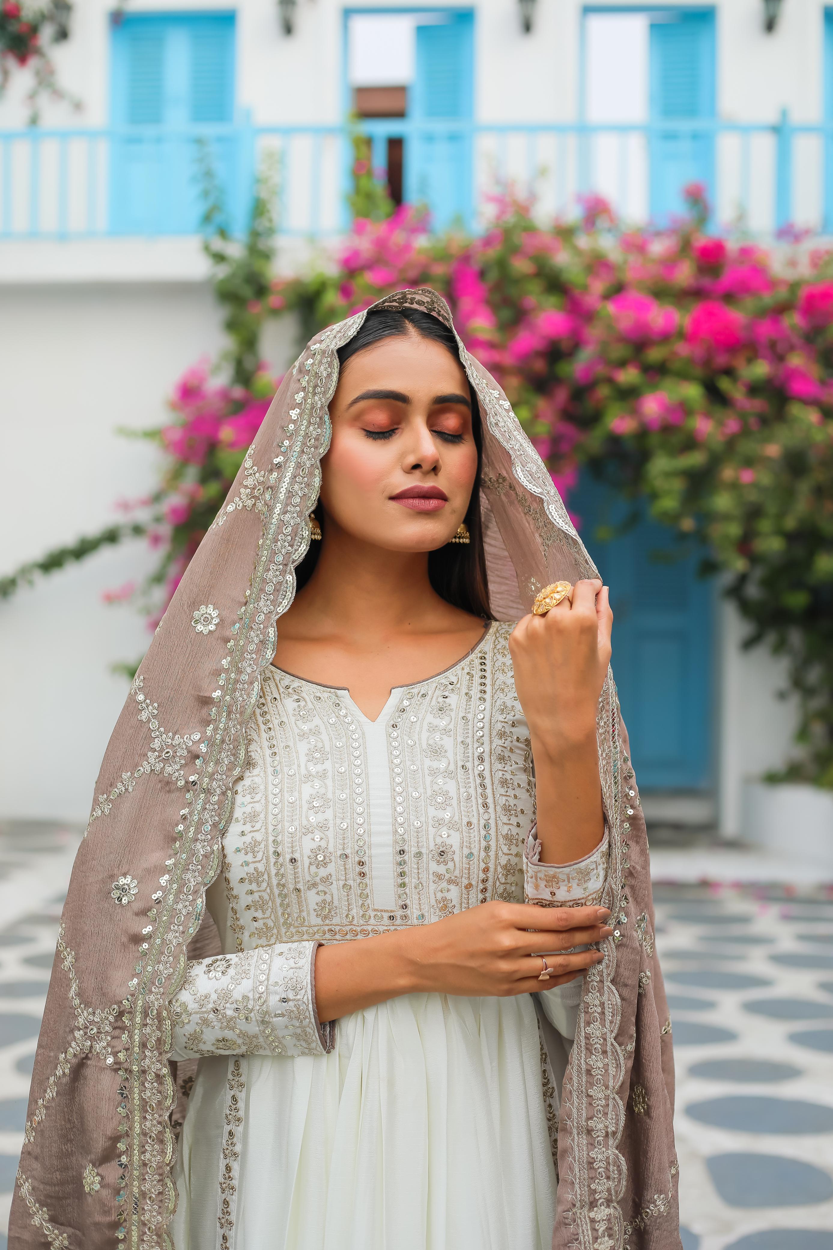 Outstanding Sequence Work White Color Gown With Brown Dupatta