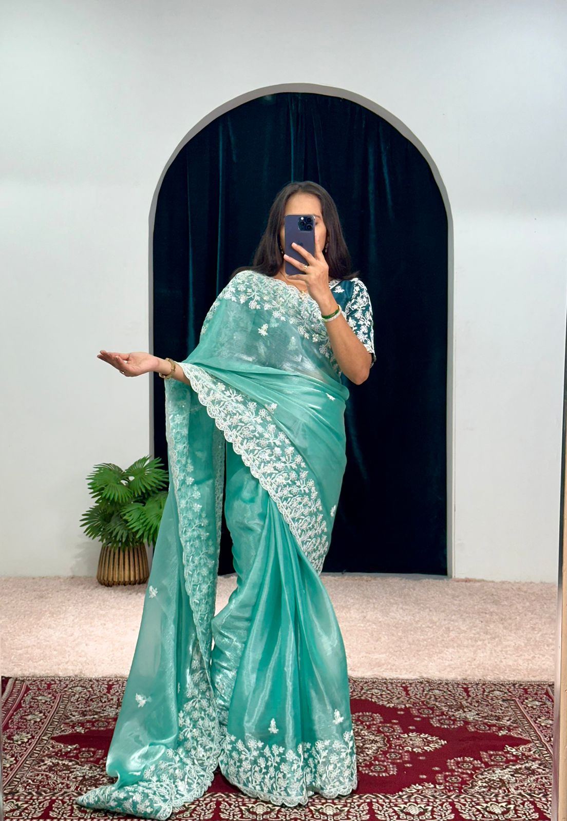 Glimmering Embroidery Work Sky Blue Color Saree