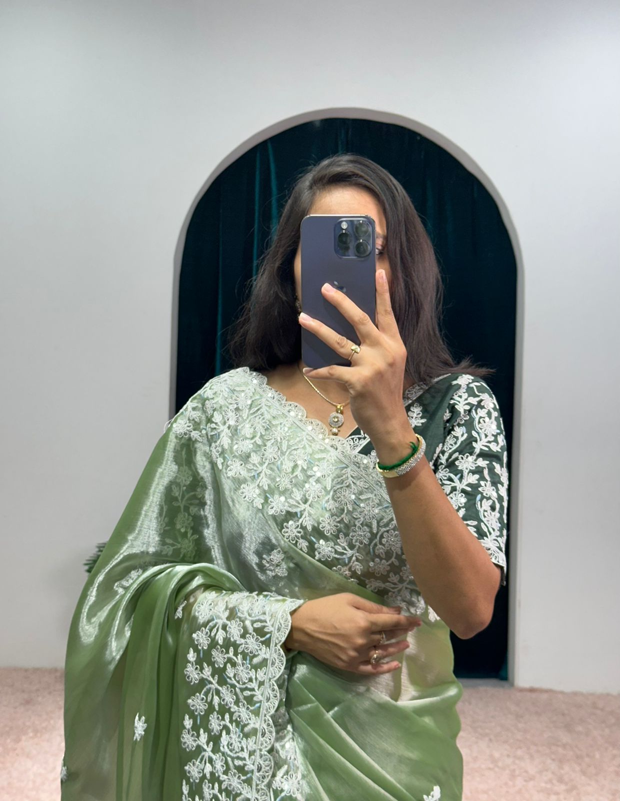 Glimmering Embroidery Work Green Color Saree