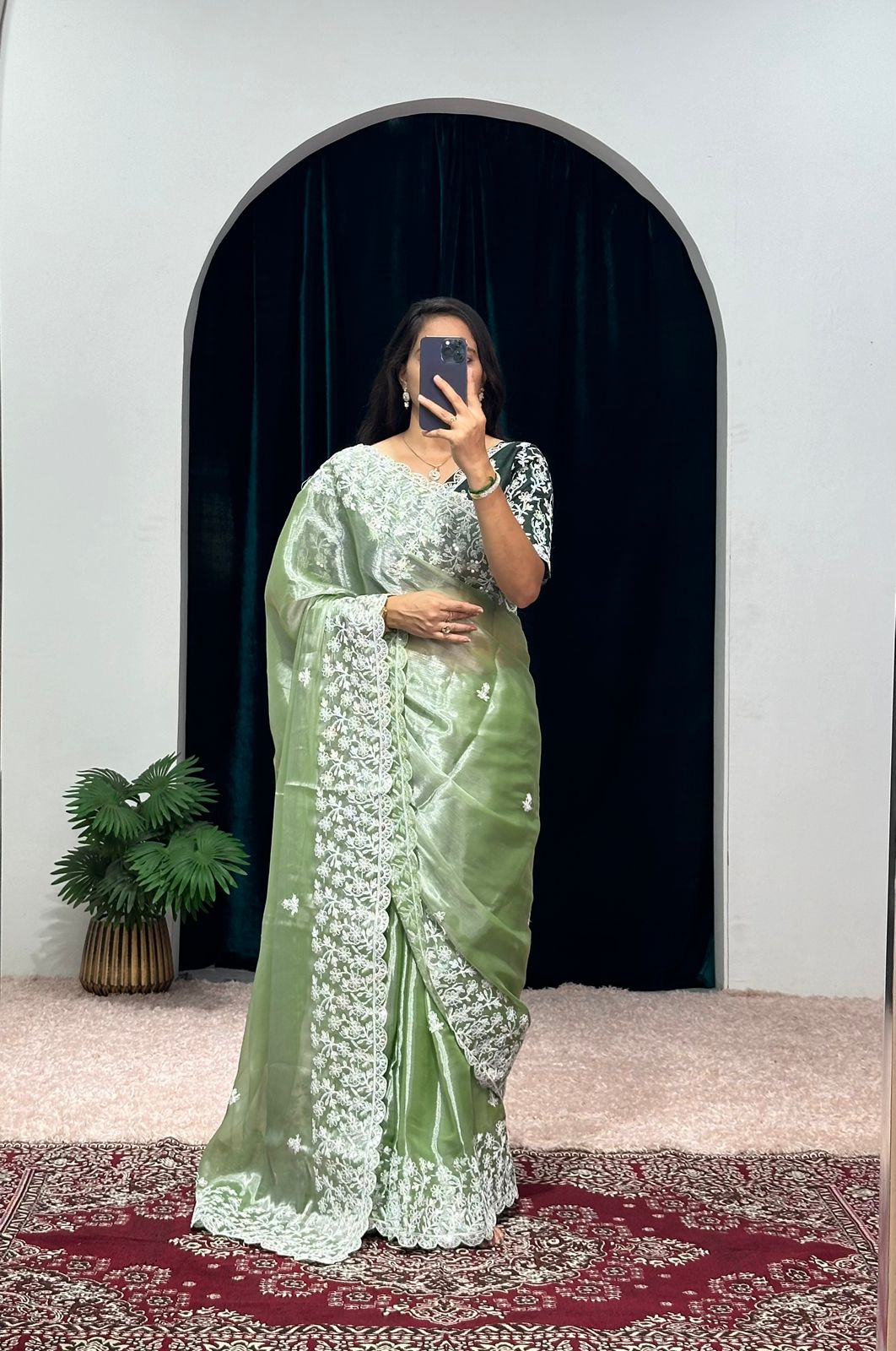 Glimmering Embroidery Work Green Color Saree