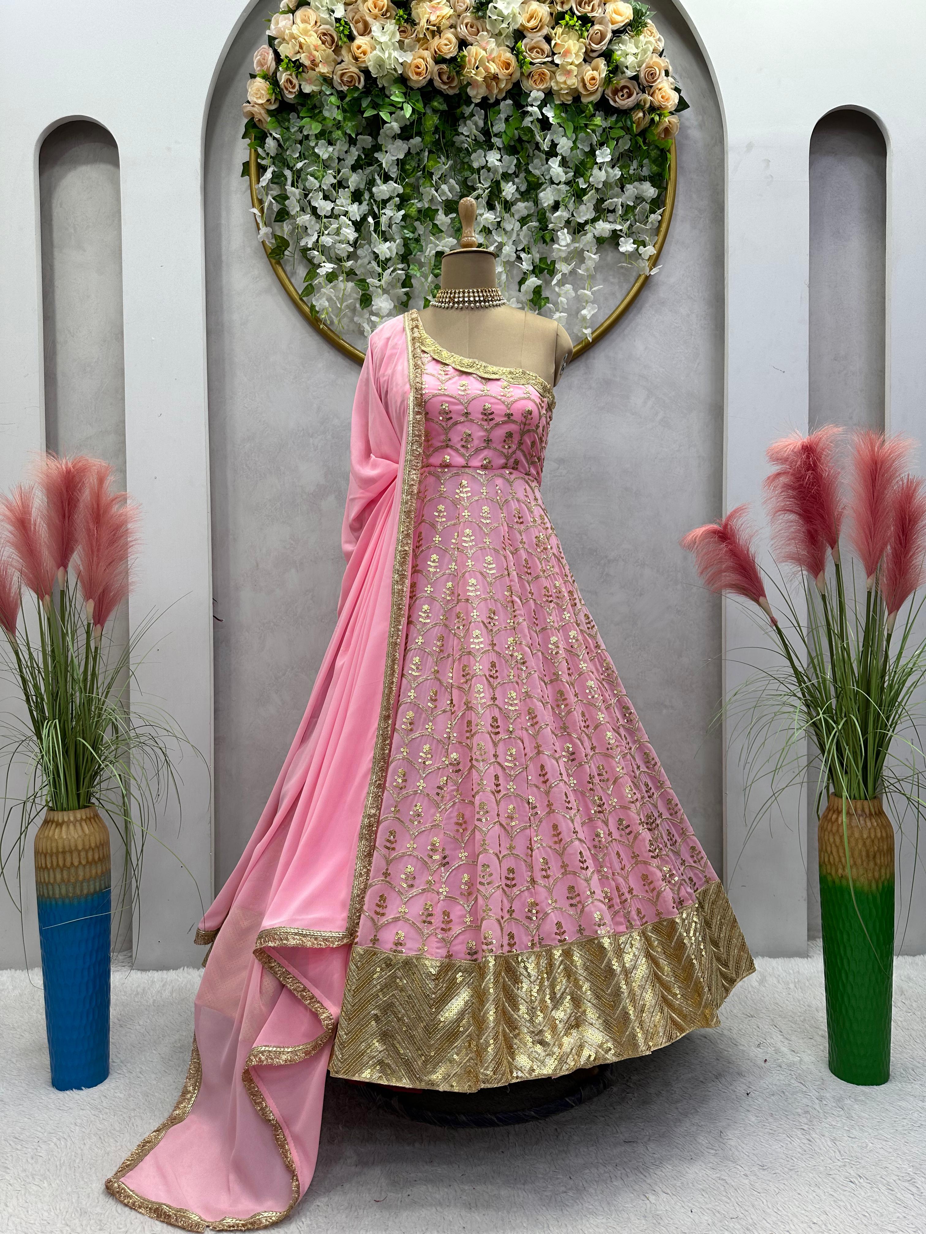 Stunning Thread With Sequence Work Pink Color Gown