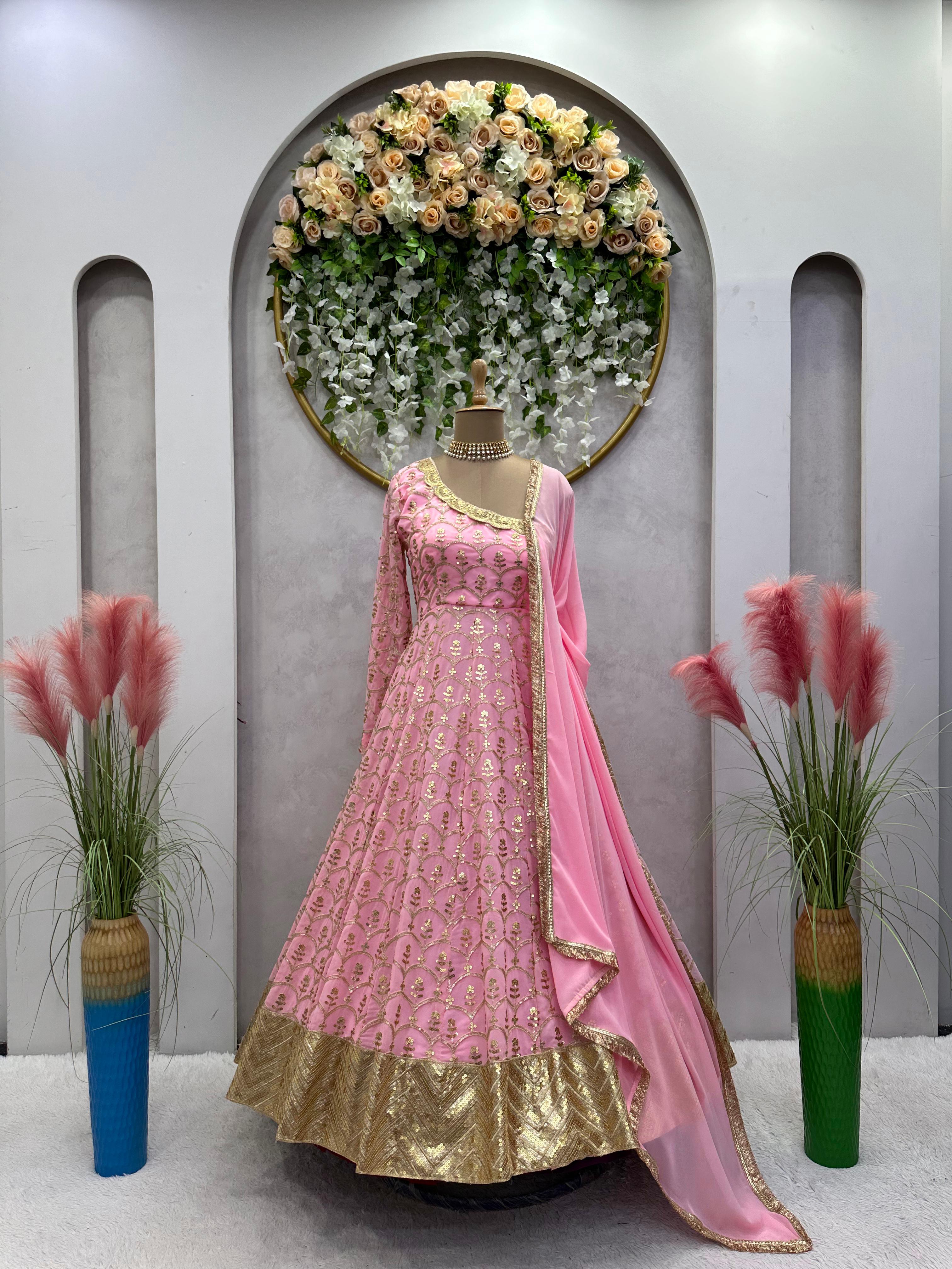 Stunning Thread With Sequence Work Pink Color Gown