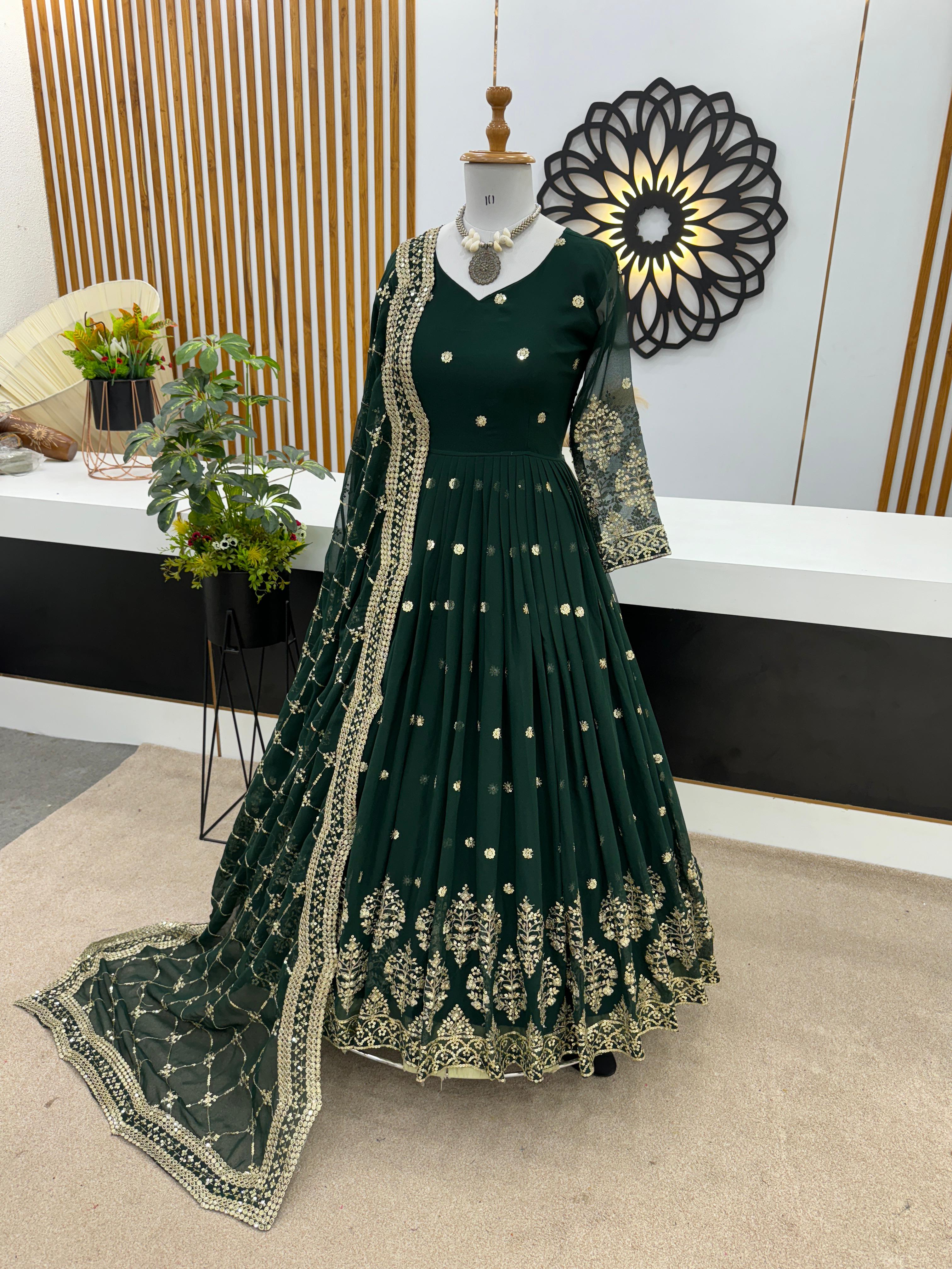 Mesmerizing Embroidery Sequence Work Green Color Long Gown