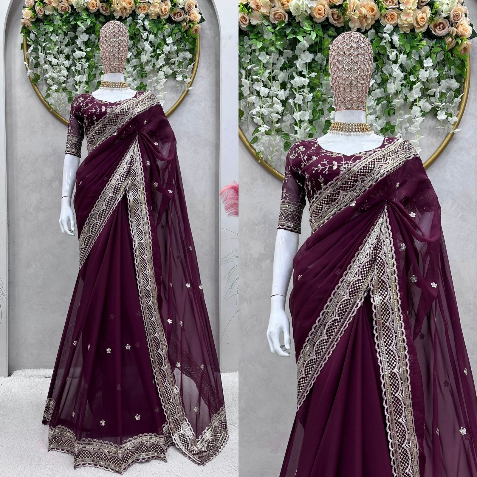 Beautiful Work Wine Color Function Wear Saree