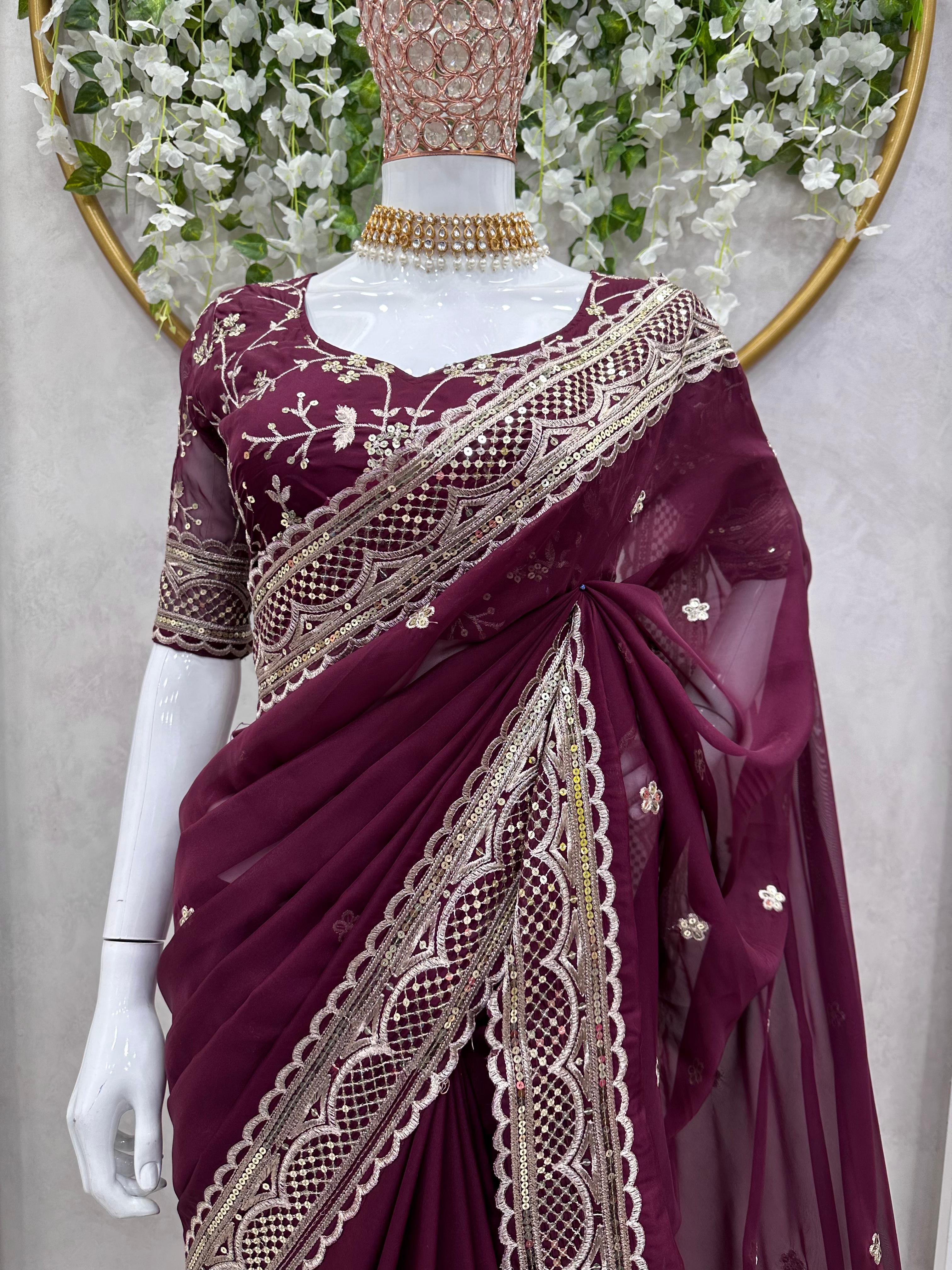 Beautiful Work Wine Color Function Wear Saree