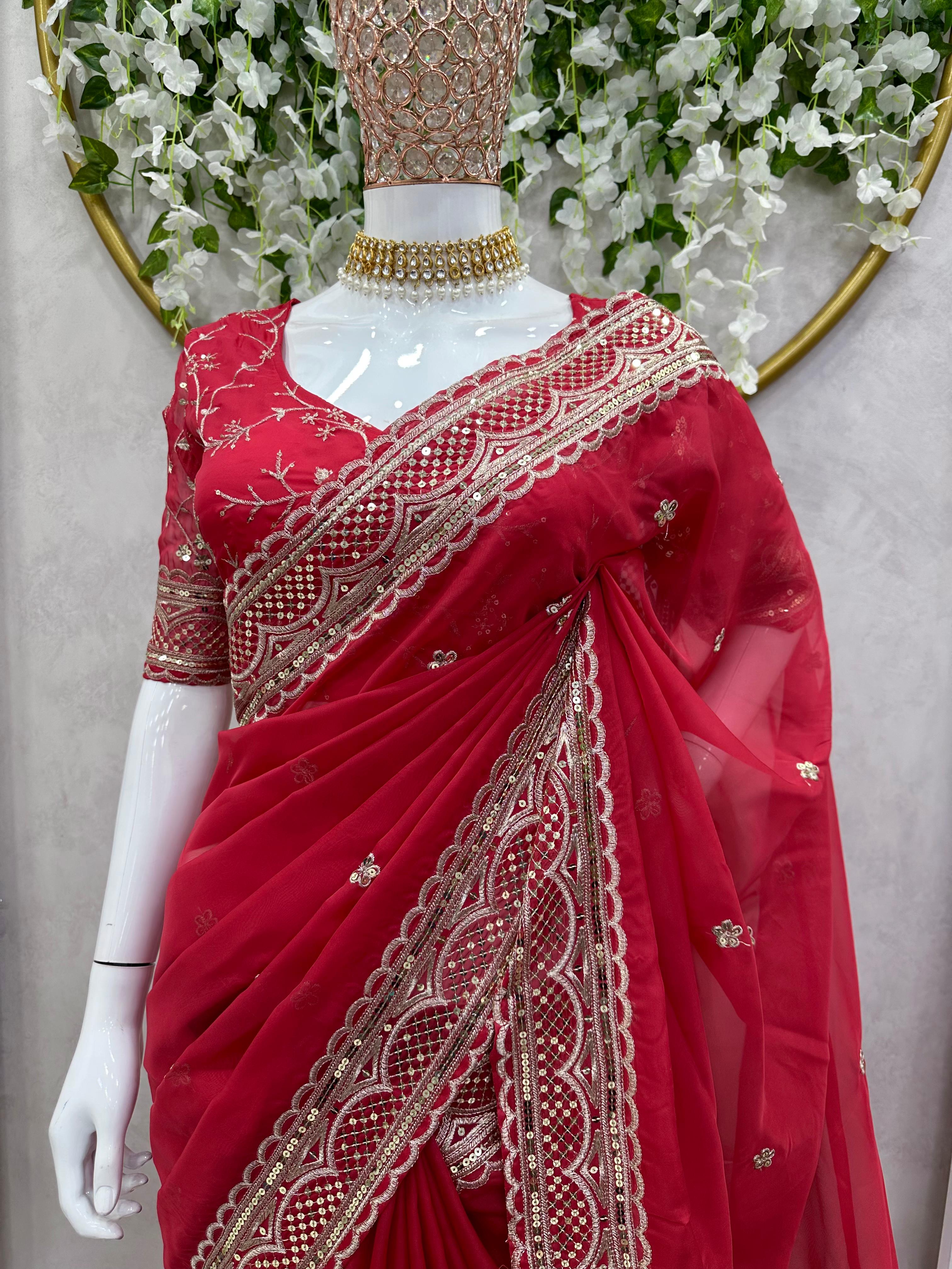 Beautiful Work Red Color Function Wear Saree