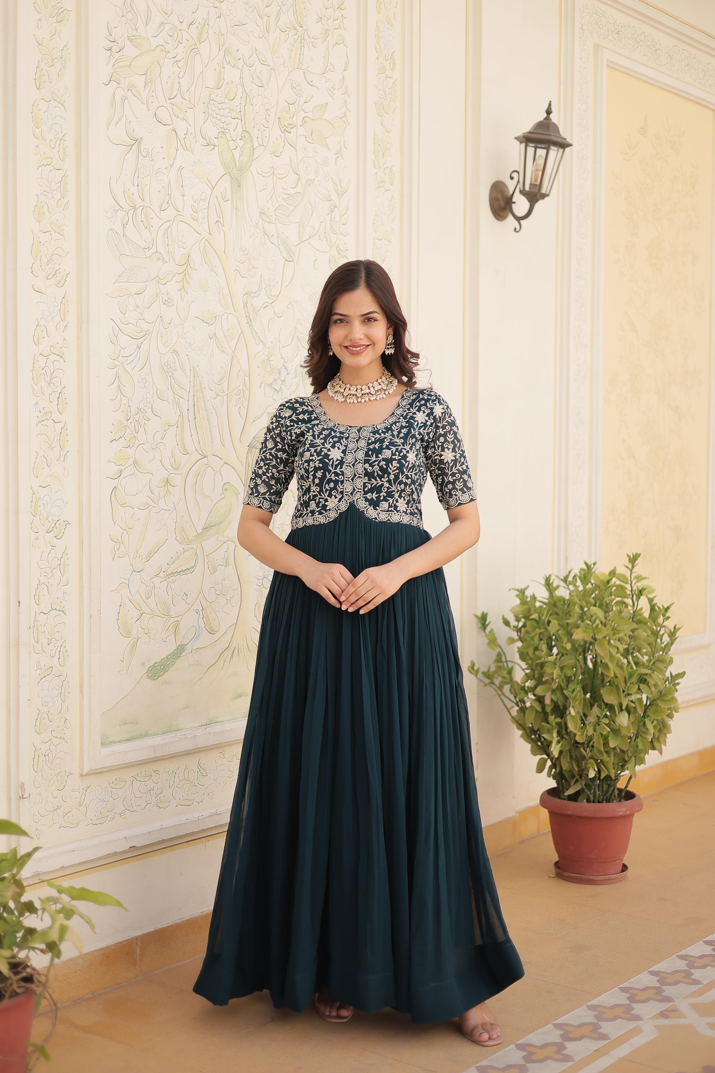 Zari Sequence Work Dark Green Color Gown