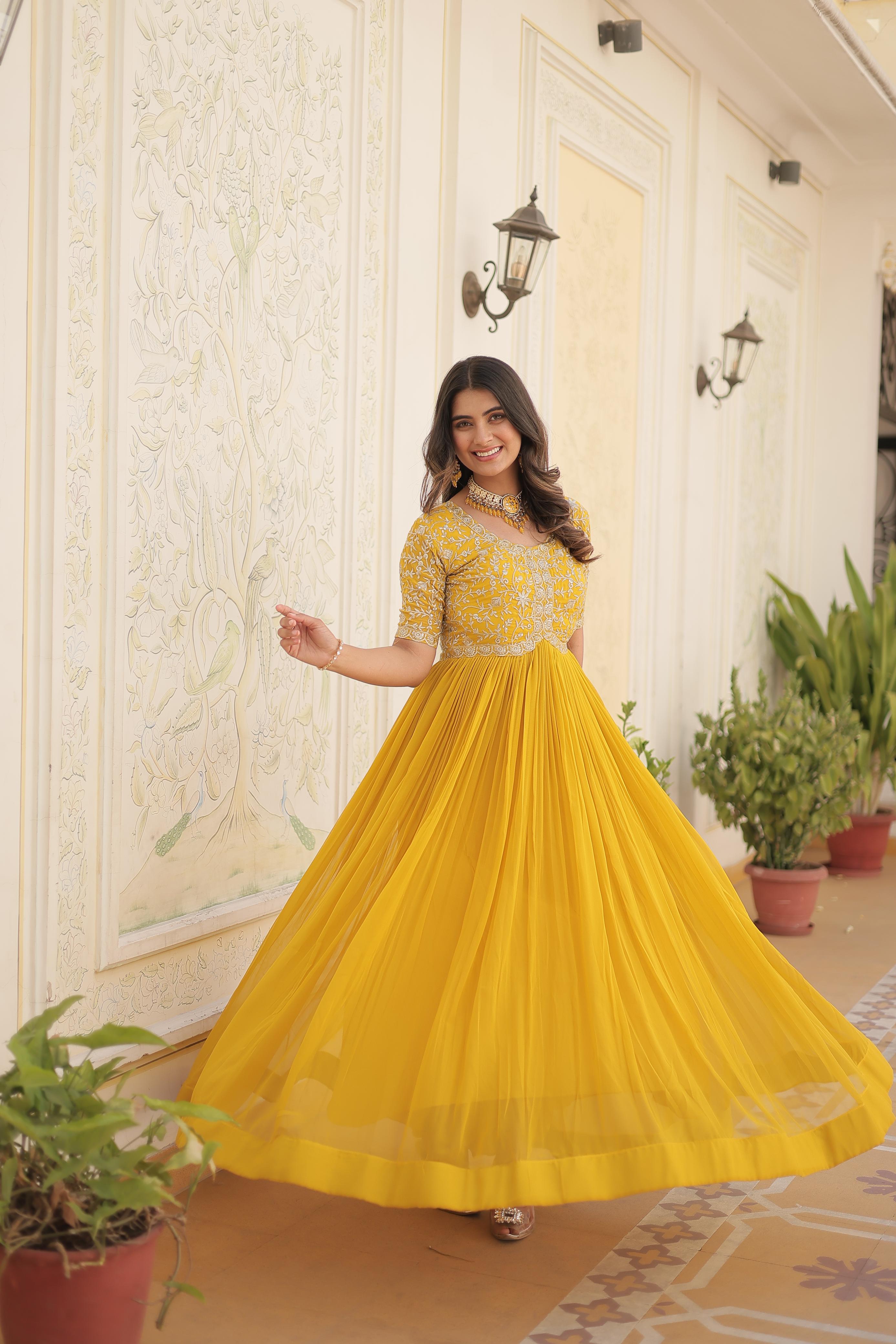 Zari Sequence Work Yellow Color Gown