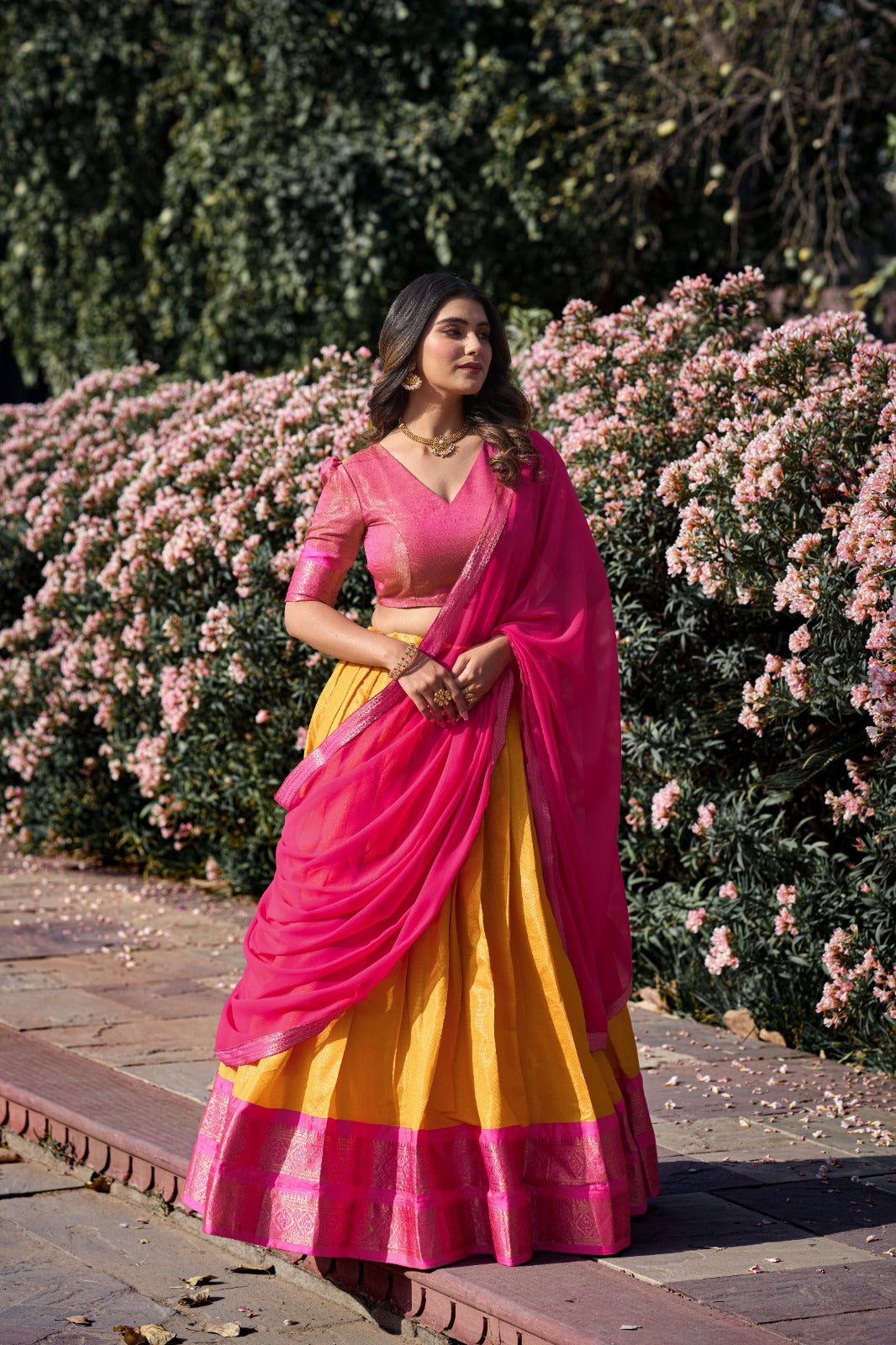 Embellished Zari Weaving Work Pink Color Lehenga Choli