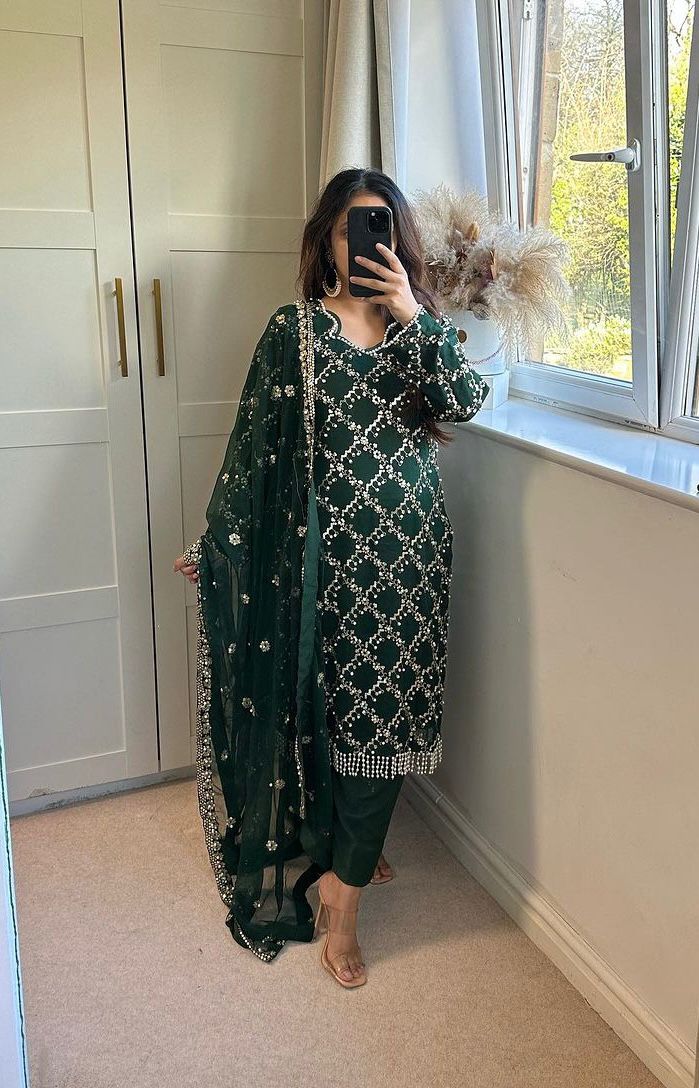 Outstanding Embroidery Work Green Color Anarkali Suit