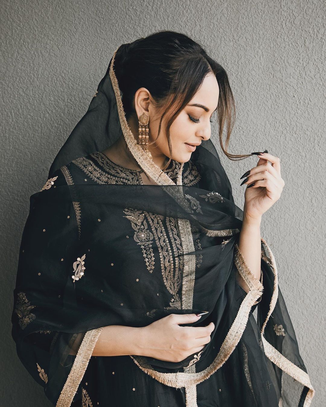 Sonakshi Sinha Style Embroidery Work Black Color Sharara Suit