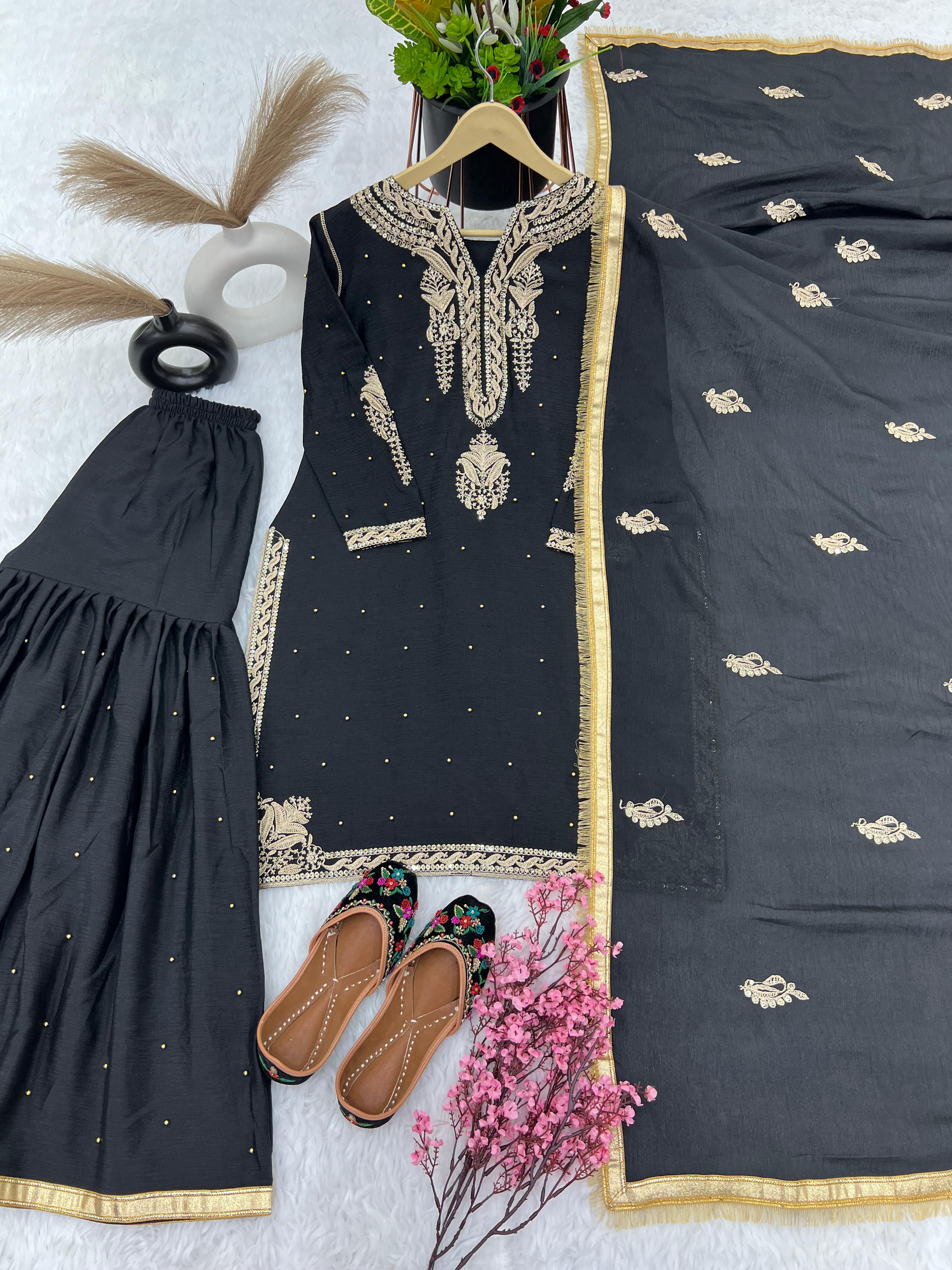 Sonakshi Sinha Style Embroidery Work Black Color Sharara Suit