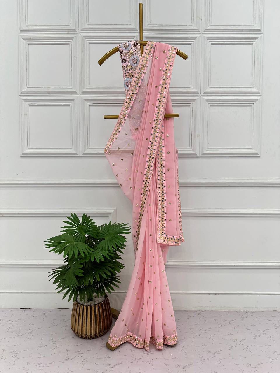 Marvelous  Embroidery Work Peach Color Saree