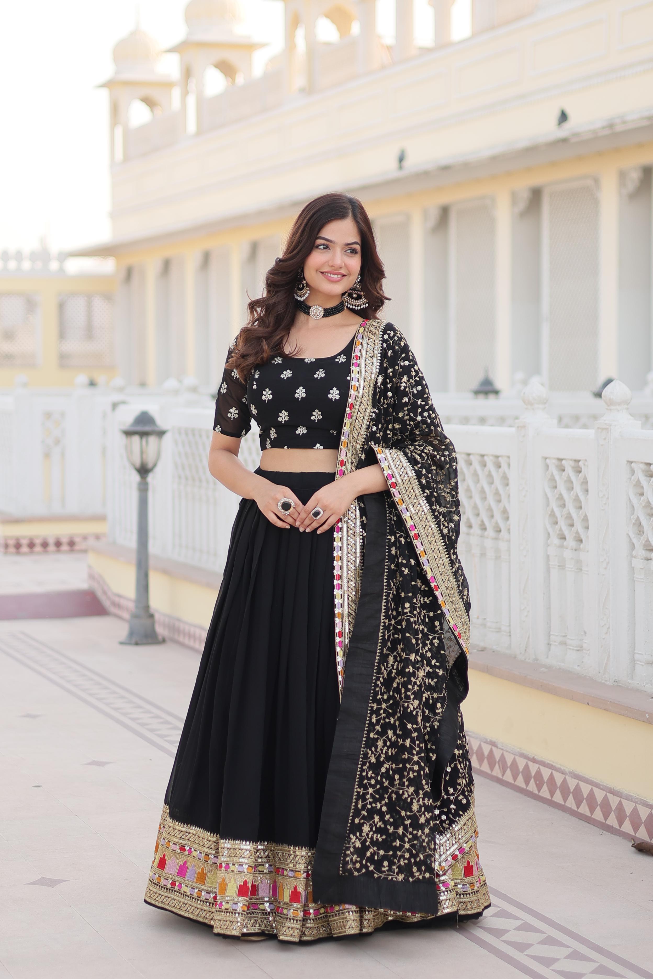 Embellished Embroidered Work Black Color Lehenga Choli