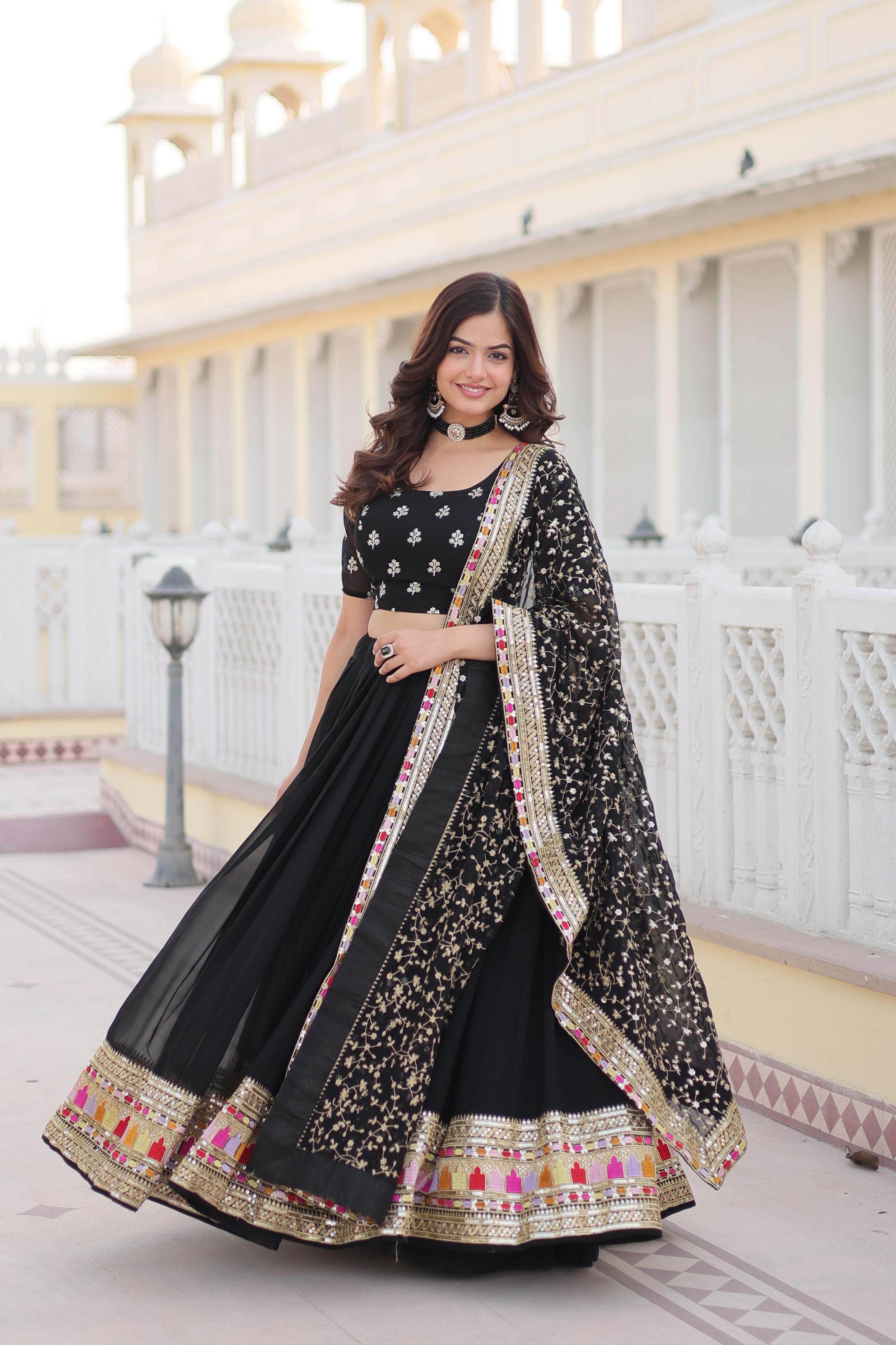 Embellished Embroidered Work Black Color Lehenga Choli