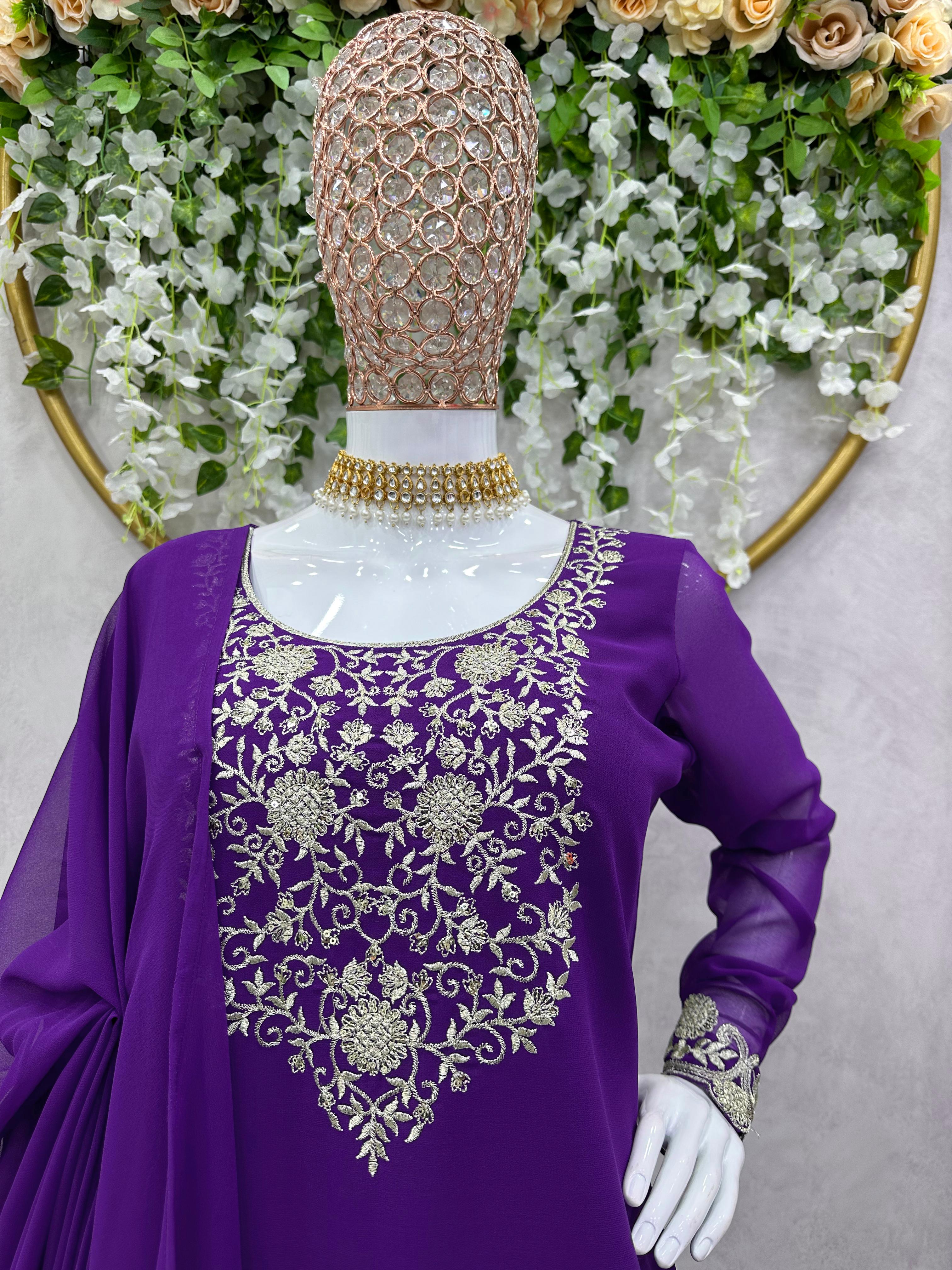 Fabulous Thread Work Purple Color Sharara Suit