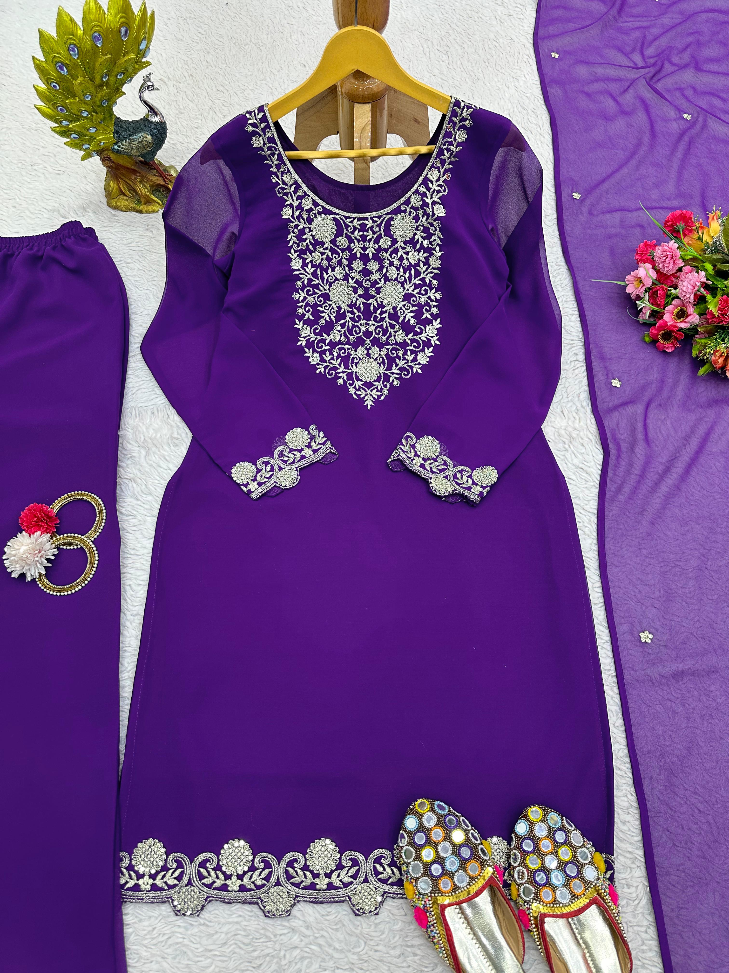 Fabulous Thread Work Purple Color Sharara Suit