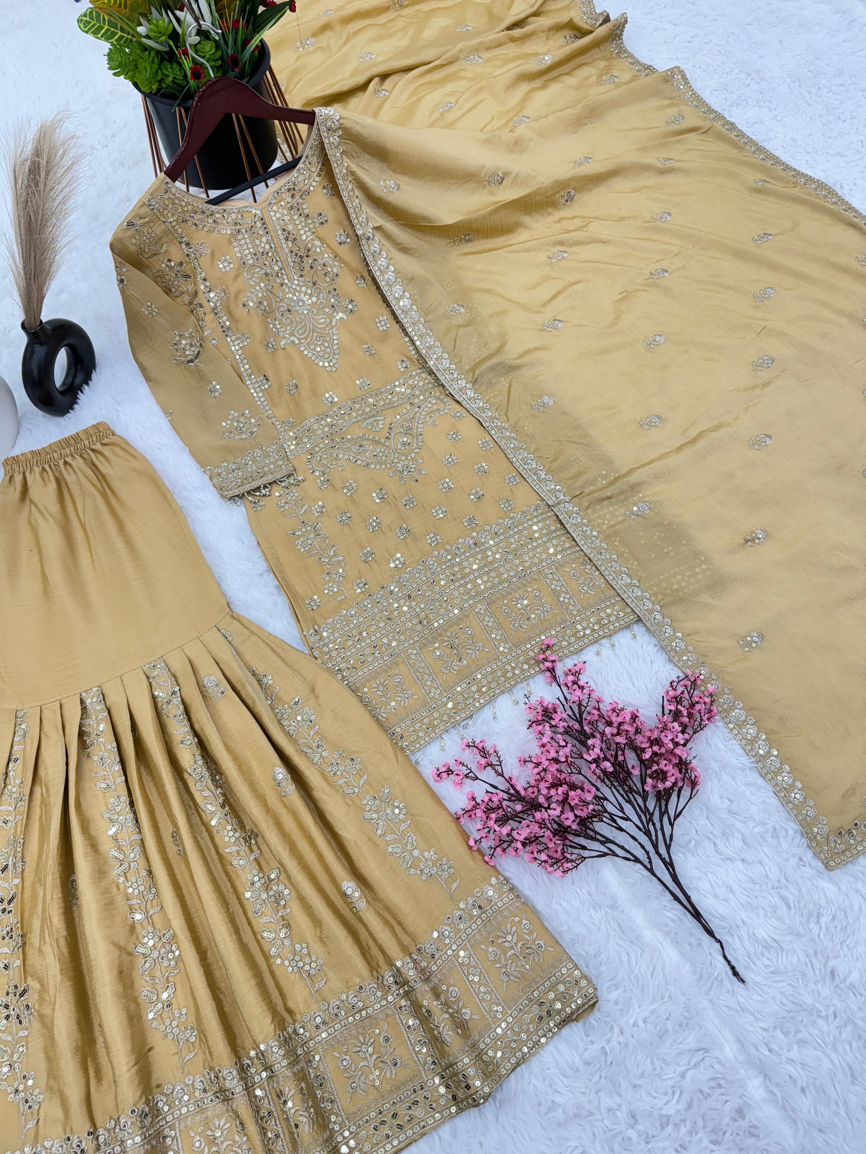 Embroidery Sequence Work Yellow Color Sharara Suit