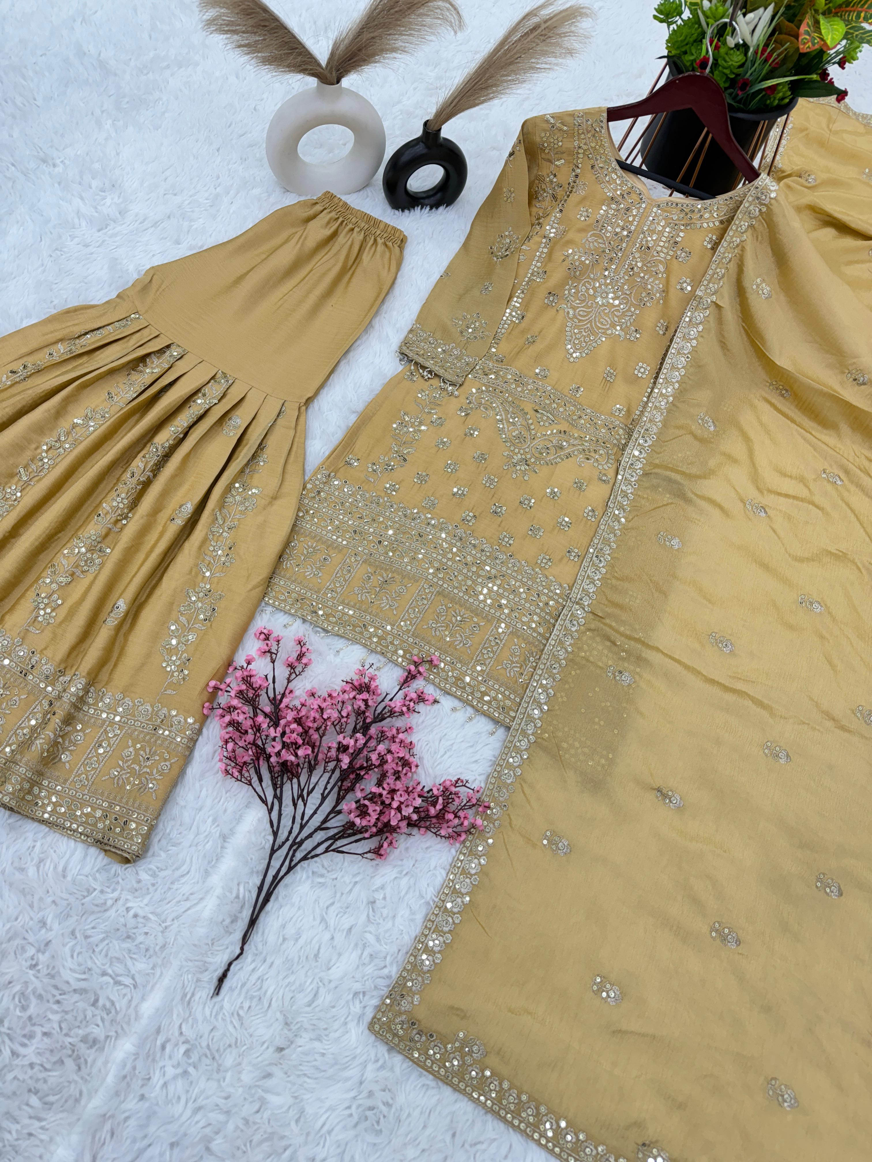 Embroidery Sequence Work Yellow Color Sharara Suit