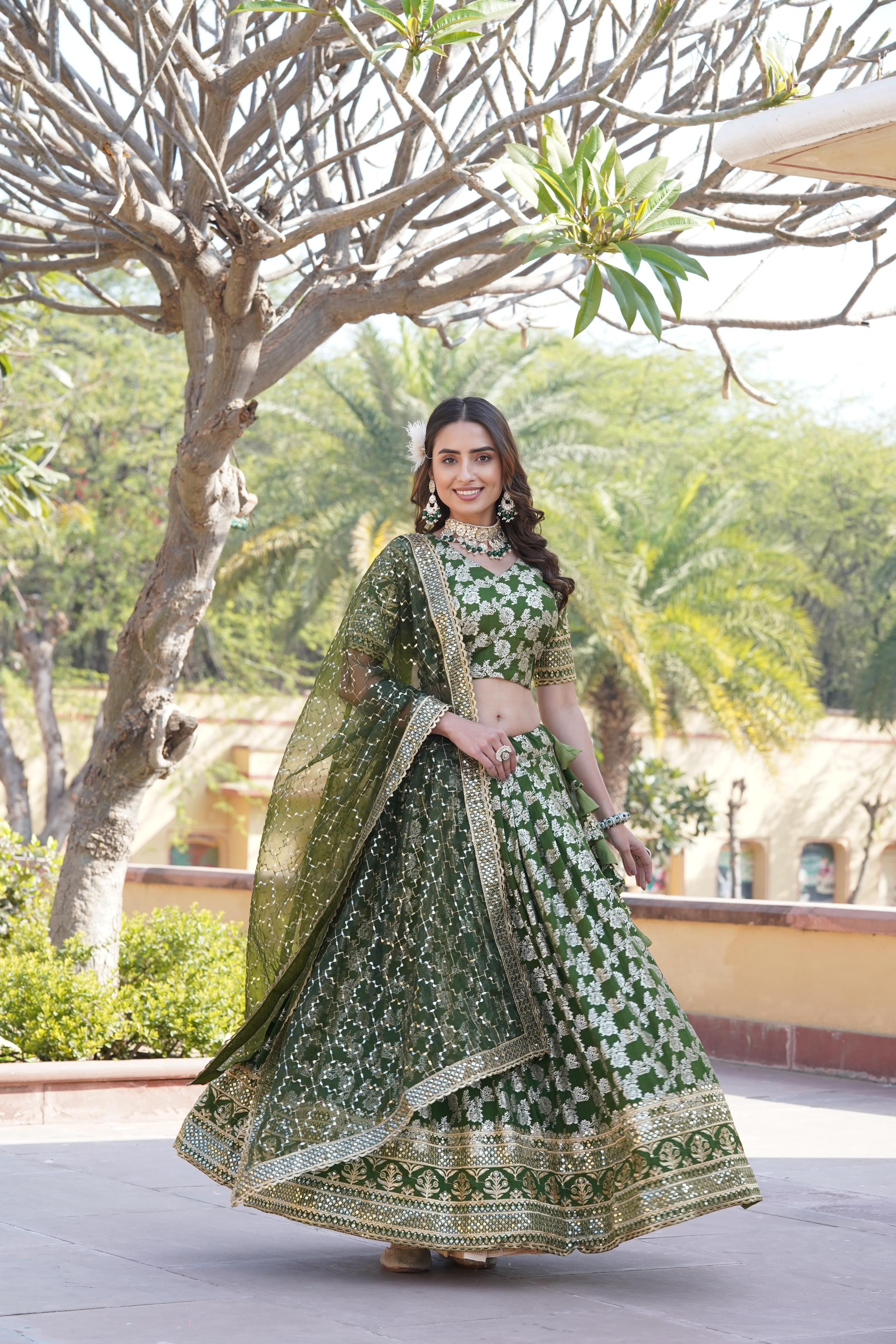 Captivating Sequins Work Green Color Lehenga Choli