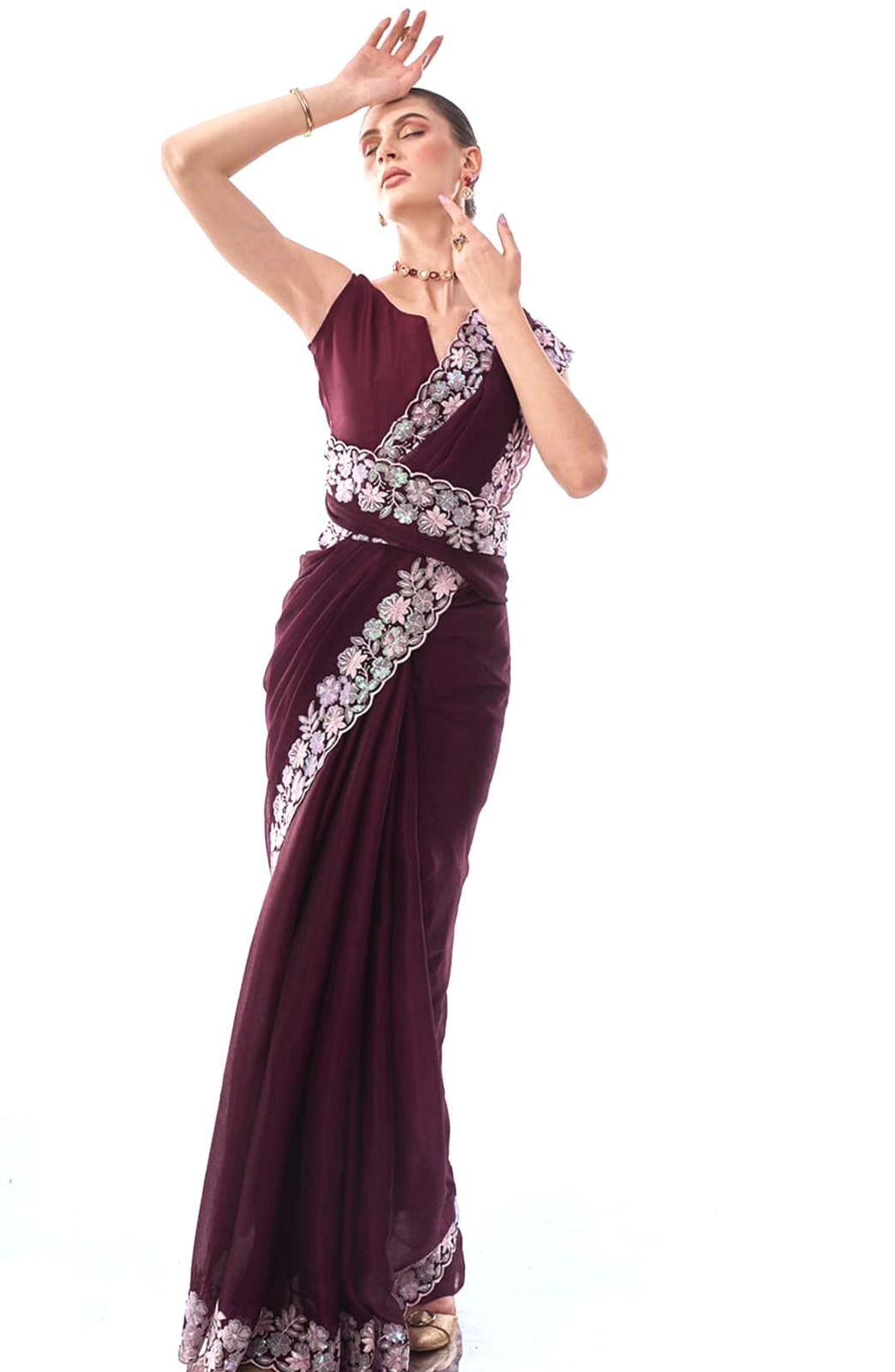 Luxuriant Thread Work Border Wine Color Saree