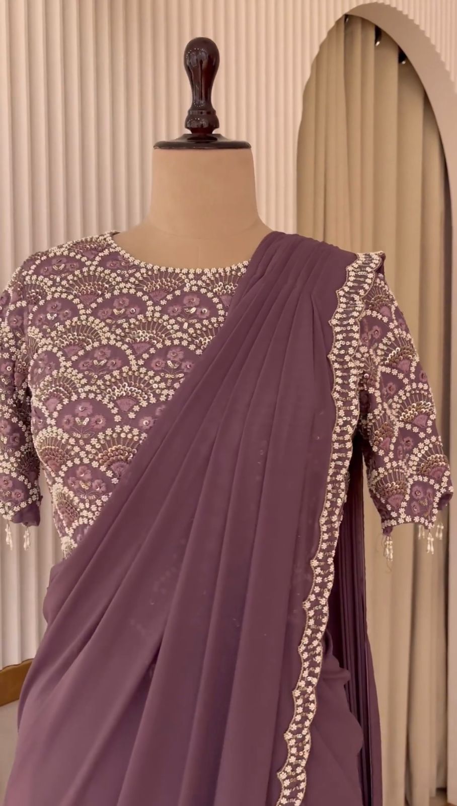 Ready To Wear Dusty Pink Saree With Sequence Work Blouse