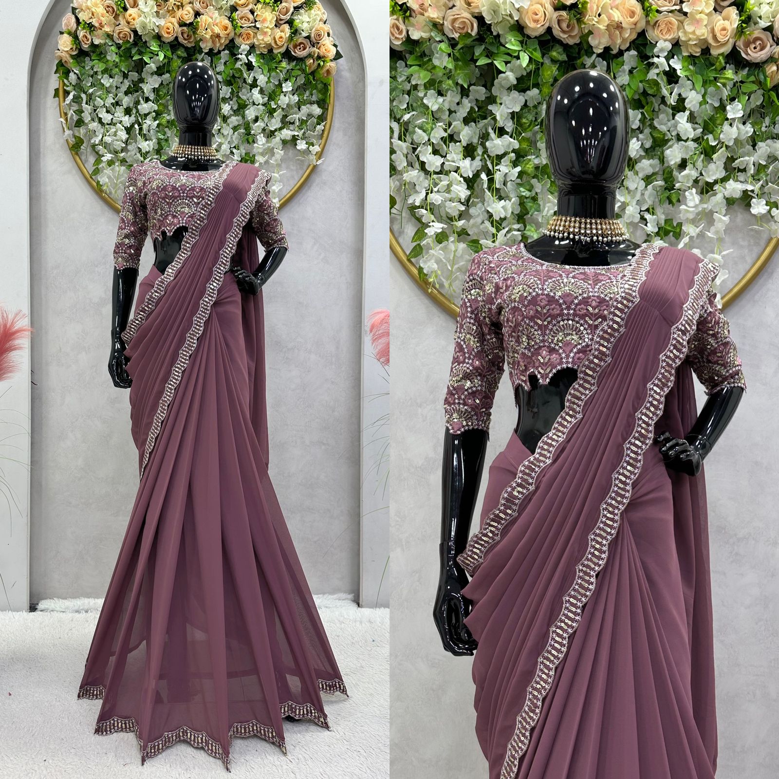 Ready To Wear Dusty Pink Saree With Sequence Work Blouse