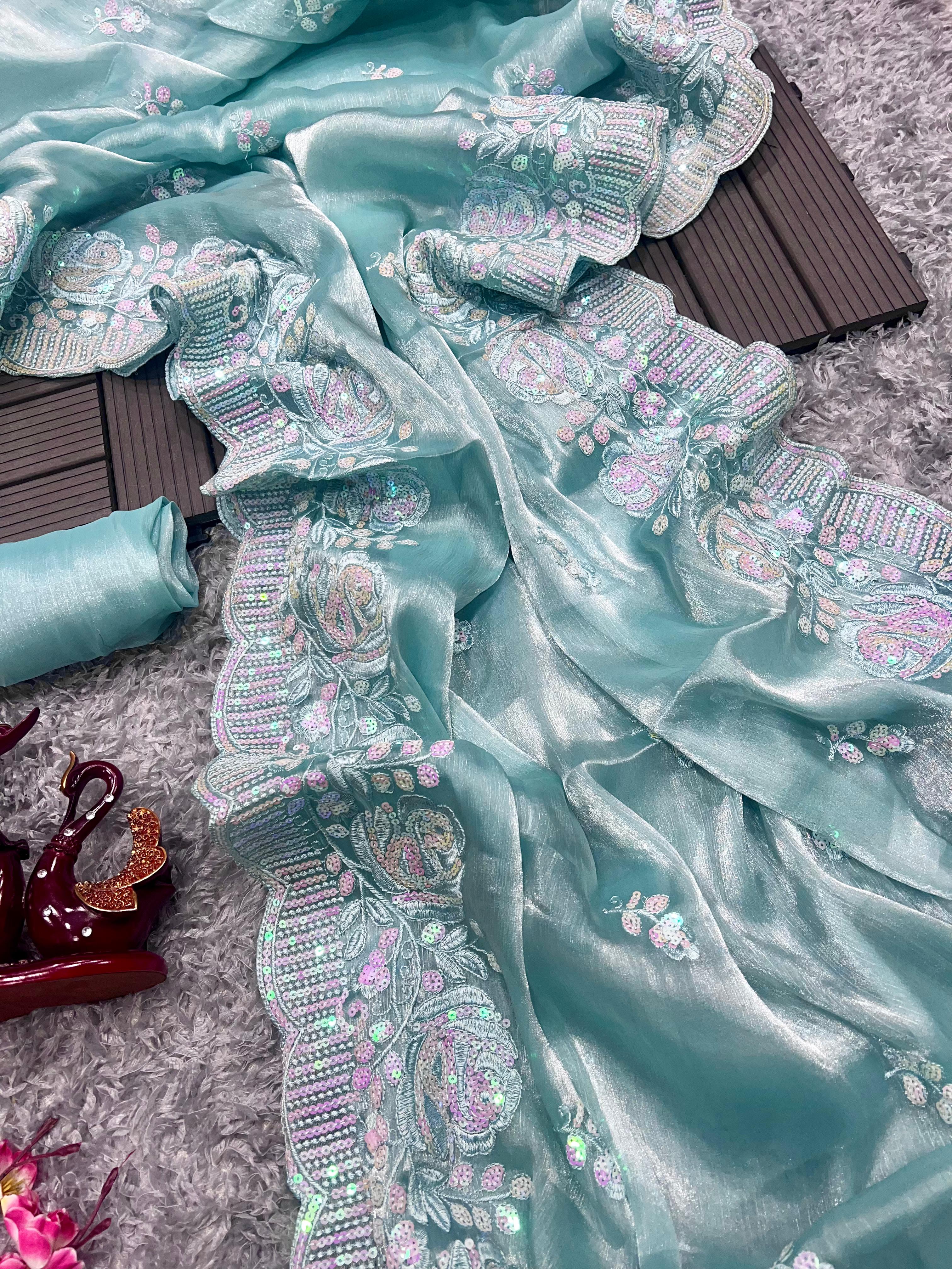 Captivating Sequins Embroidery Work Sky Blue Color Saree