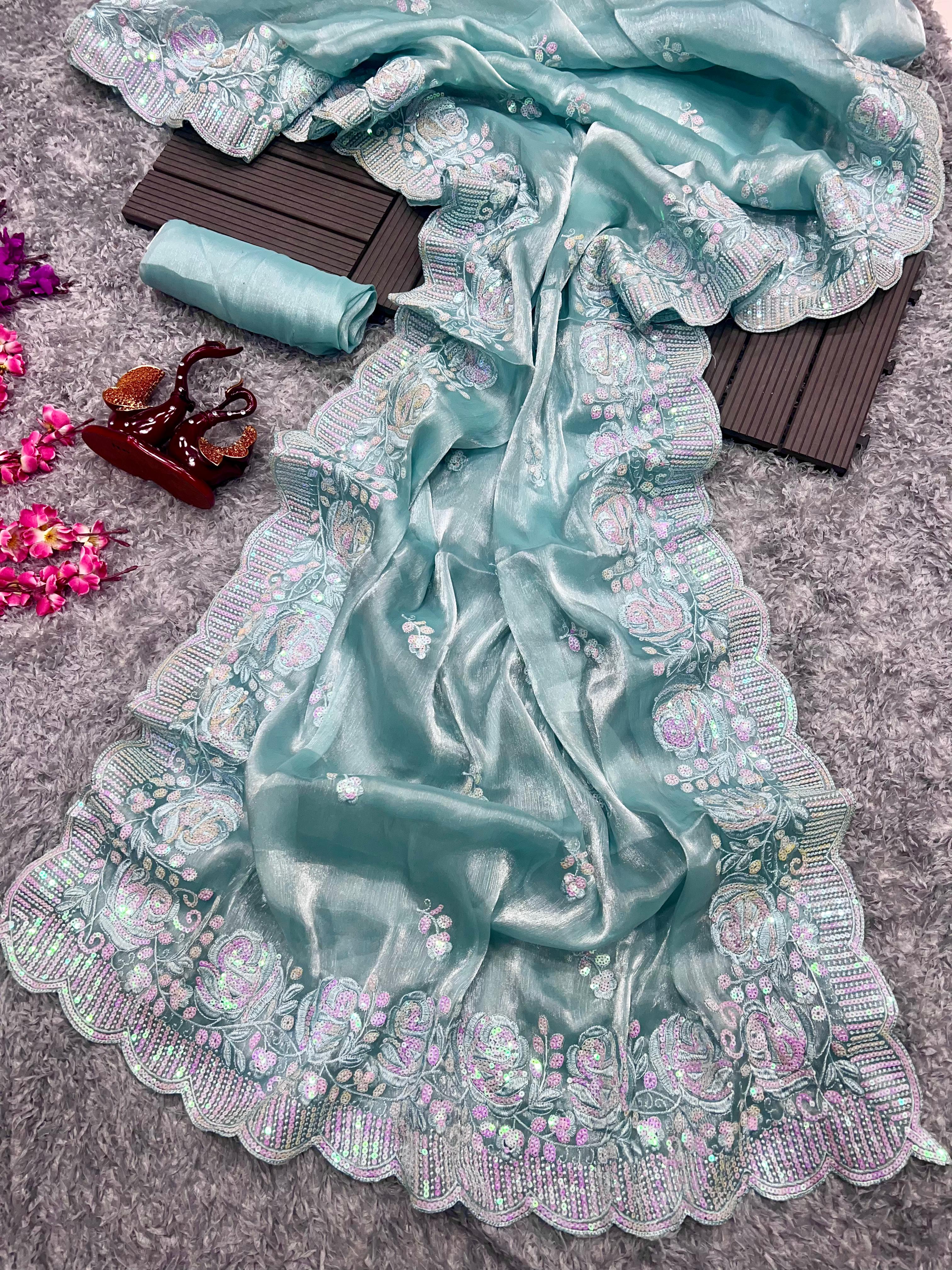 Captivating Sequins Embroidery Work Sky Blue Color Saree