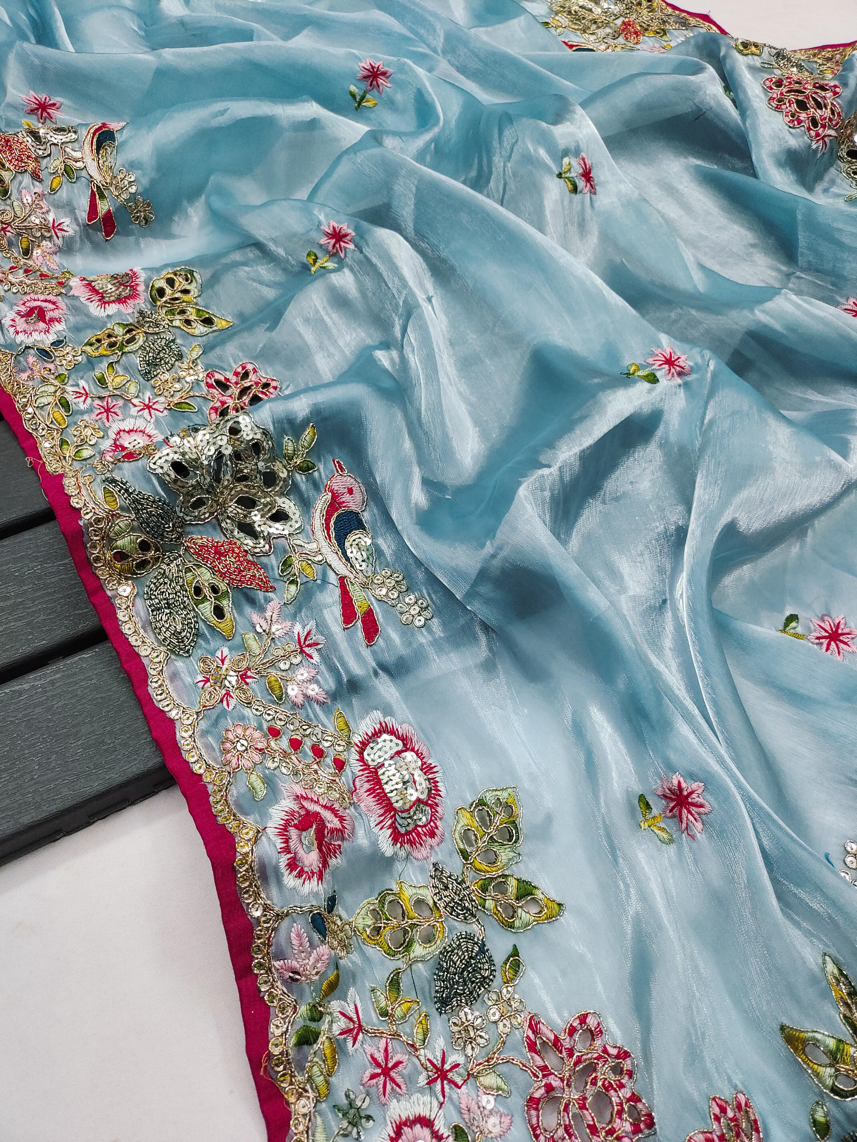 Captivating Embroidery Multi Treads Sky Color Saree