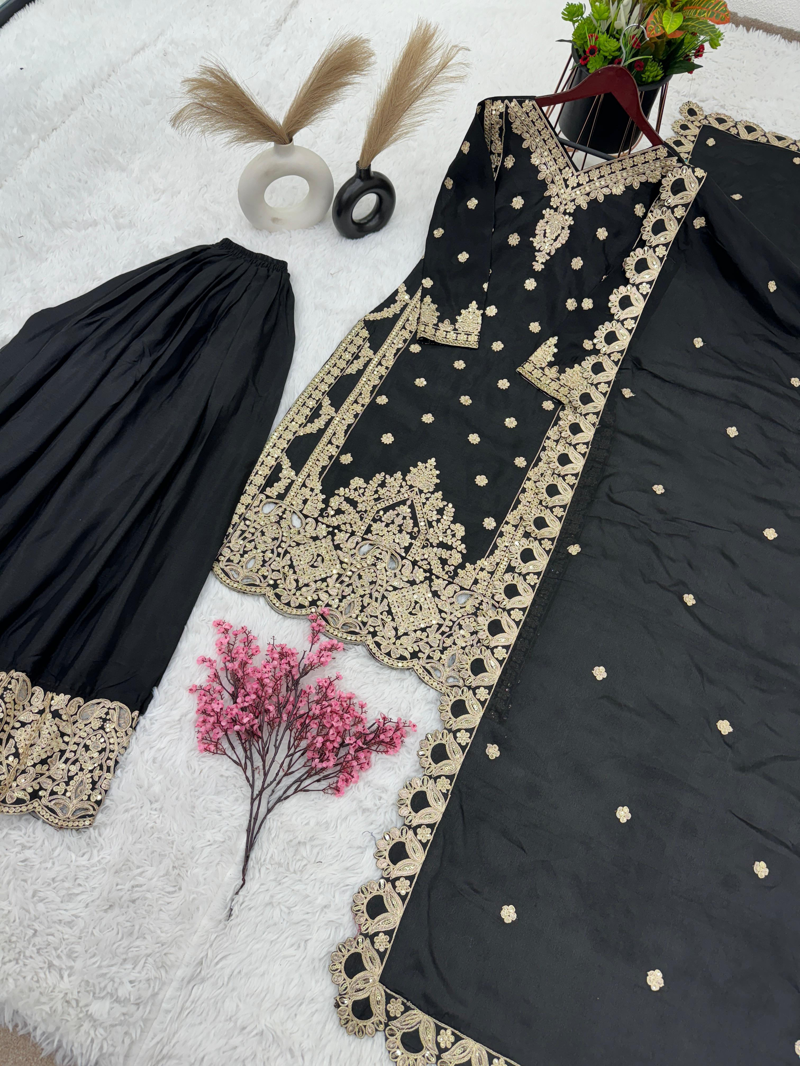 Fancy  Sequence Work Black Color Suit