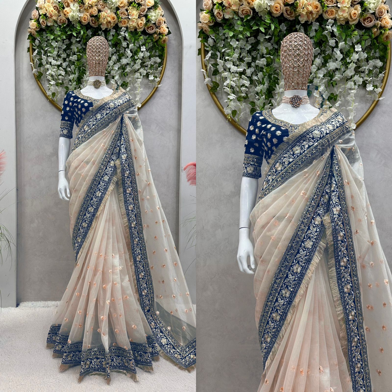 Beige Heavy Shining Sequence Work Designer Saree