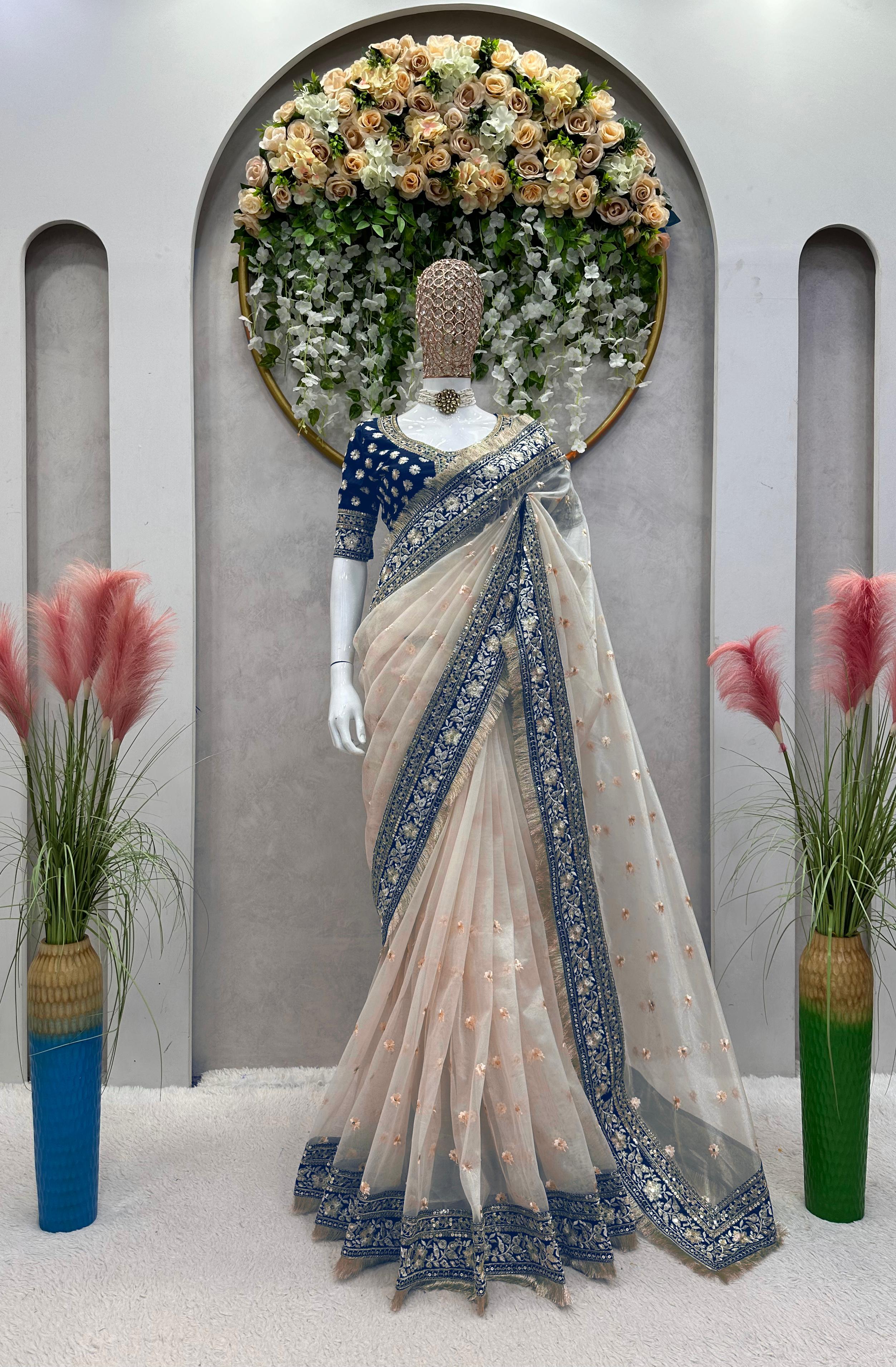 Beige Heavy Shining Sequence Work Designer Saree