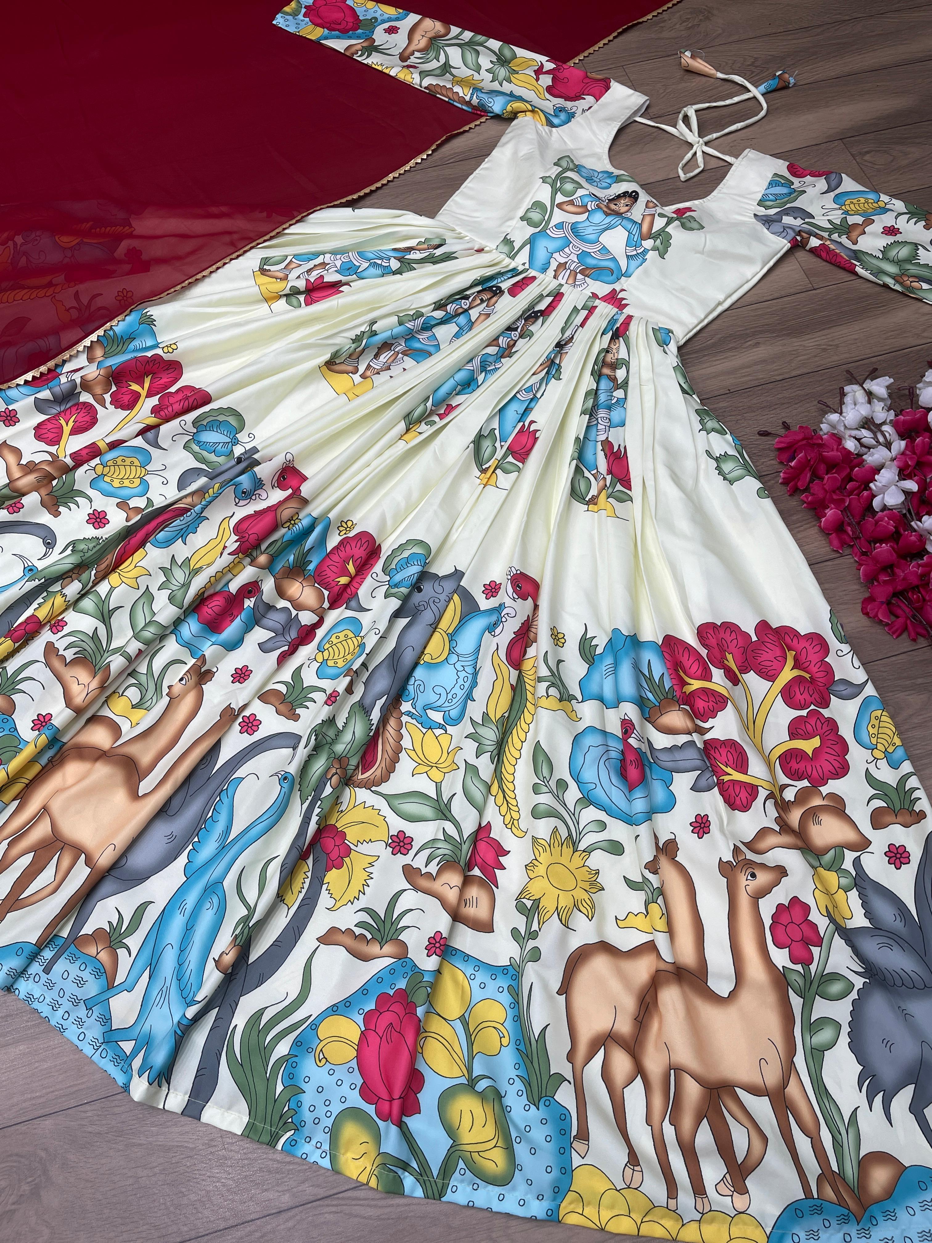 Stunning Kalamkari Print White Color Gown